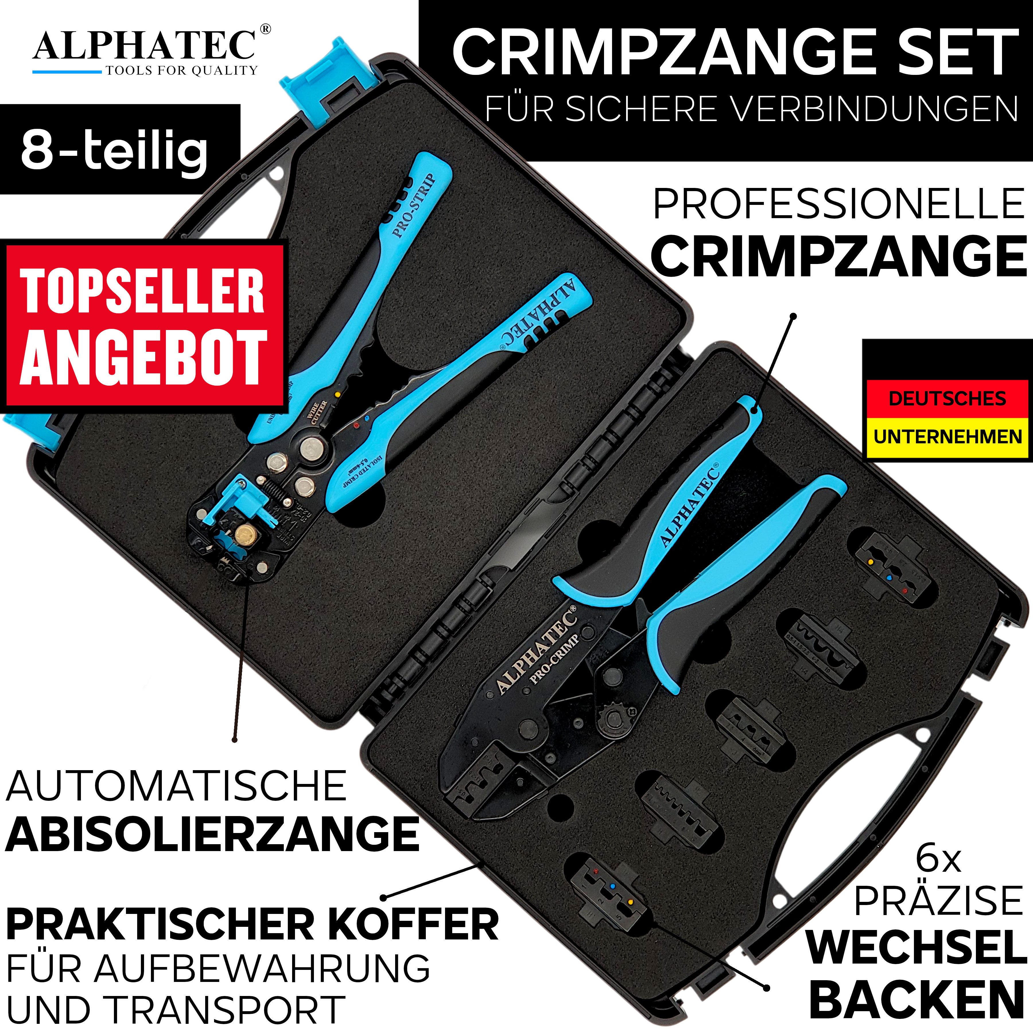 ALPHATEC® Crimpzange Crimpzangen Set mit Wechselbacken inkl. Abisolierzange 0,25-10mm² 8tlg, Kabelschuhe, Aderendhülsen, Flachstecker, Quetschverbinder, MC4, Solar
