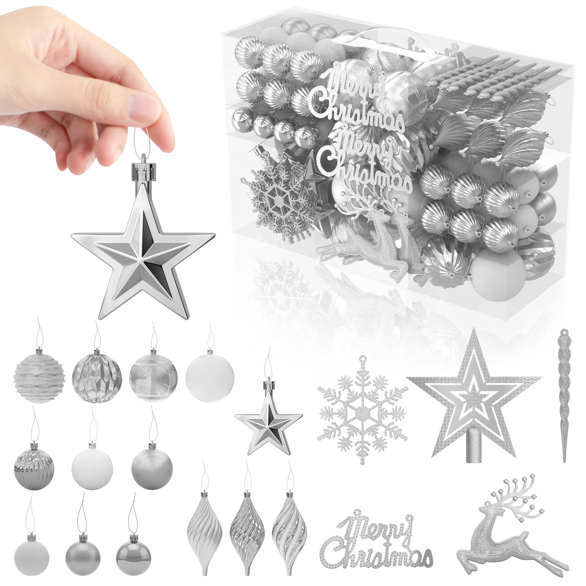 FIVMEN Weihnachtsbaumkugel 108 Stück Weihnachtskugeln Kunststoff mit Stern Spitze, Mehrere Farboptionen