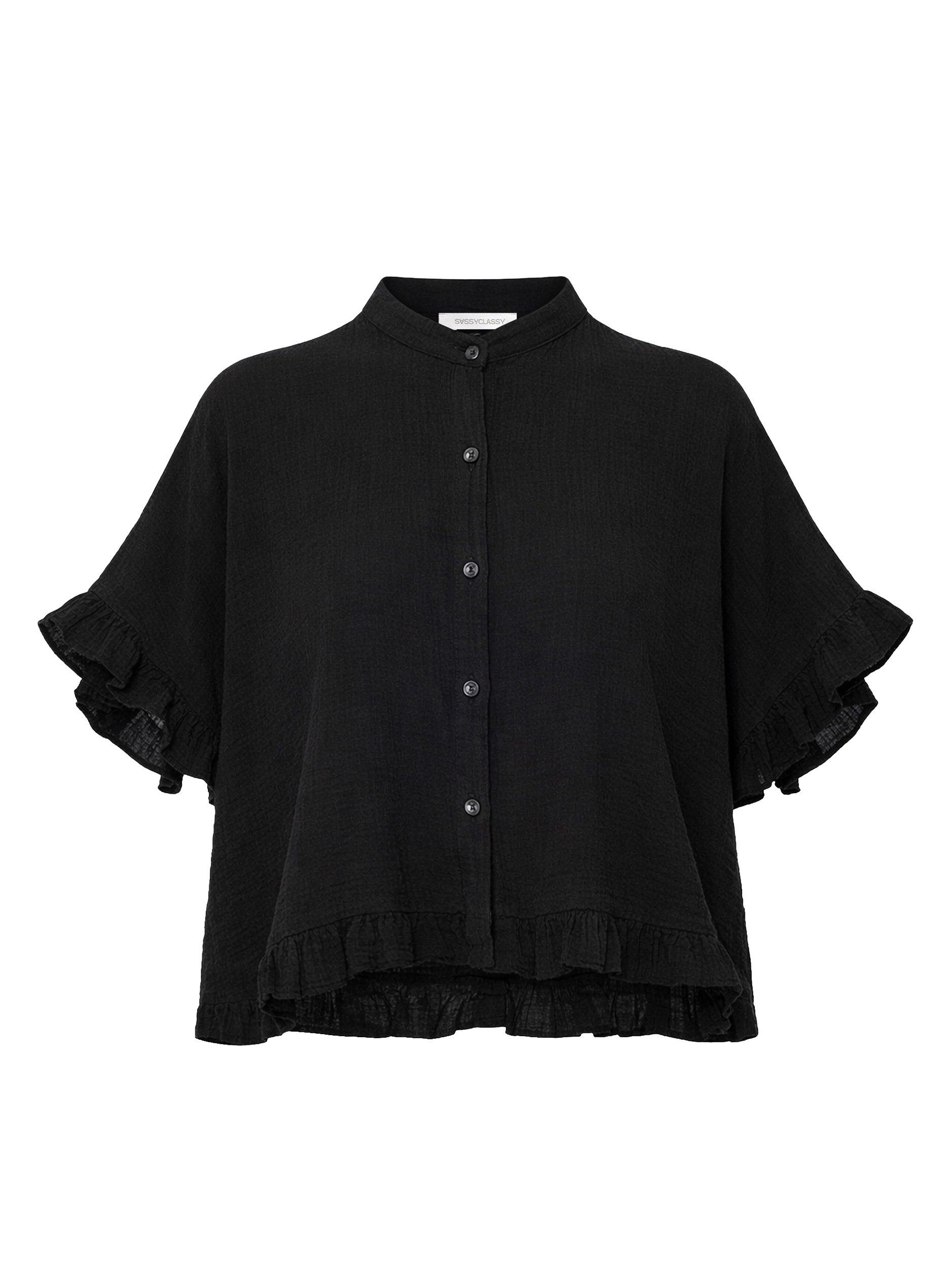 SASSYCLASSY Kurzarmbluse Oversize Musselin Hemdbluse Damen mit Rüschensaum Kurzärmelige Musselinbluse aus Baumwolle mit V-Ausschnitt