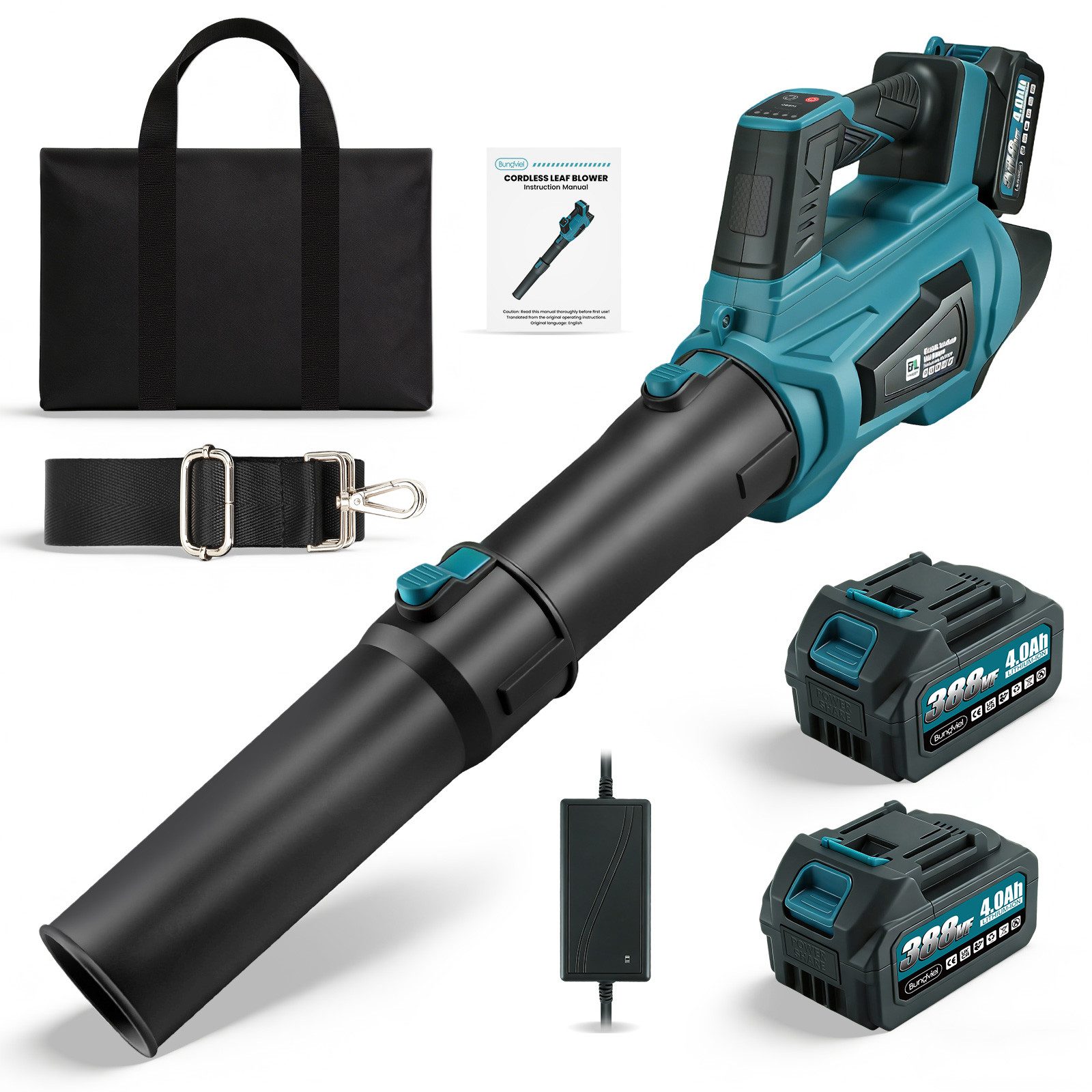 Bundviel Akku-Laubbläser Bürstenloser Motor mit 2x 4.0Ah Elektrischer Laubgebläse 324 km/h, für Laub, Rasenpflege, Schneeräumung