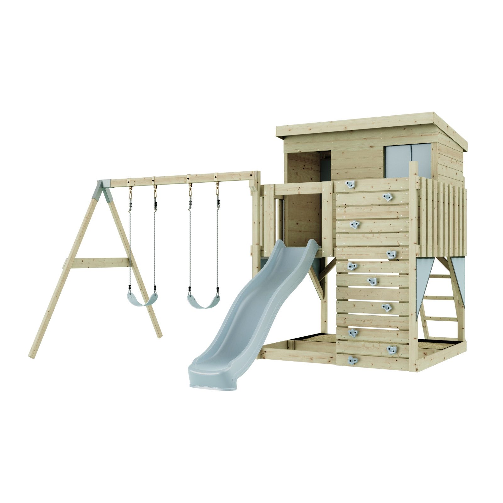 OutdoorToys Spielturm Nils, aus Holz in Eisblau mit Kinderschaukel & Rutsche, Kletterwand