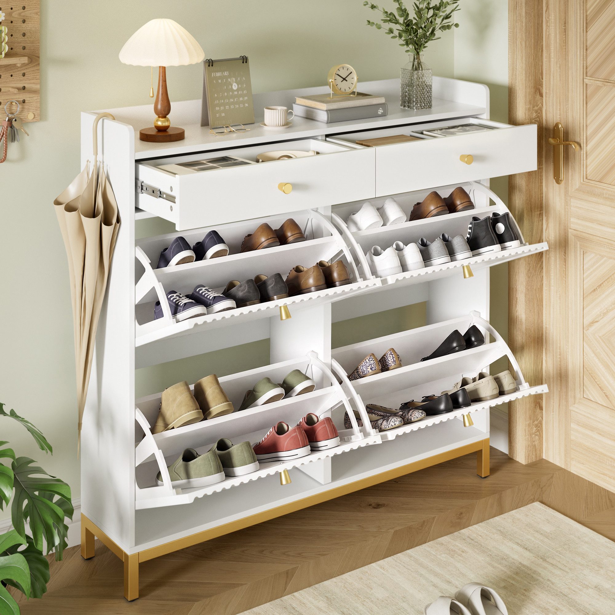 Flieks Schuhschrank Schuhkommode mit 4 Klappen und verstellbaren Einlegeböden (für ca. 16 Paar Schuhe, mit Metallgriffen und Metallfüßen, 1-St., B106,5×H107×T25 – Bild 2 von 5