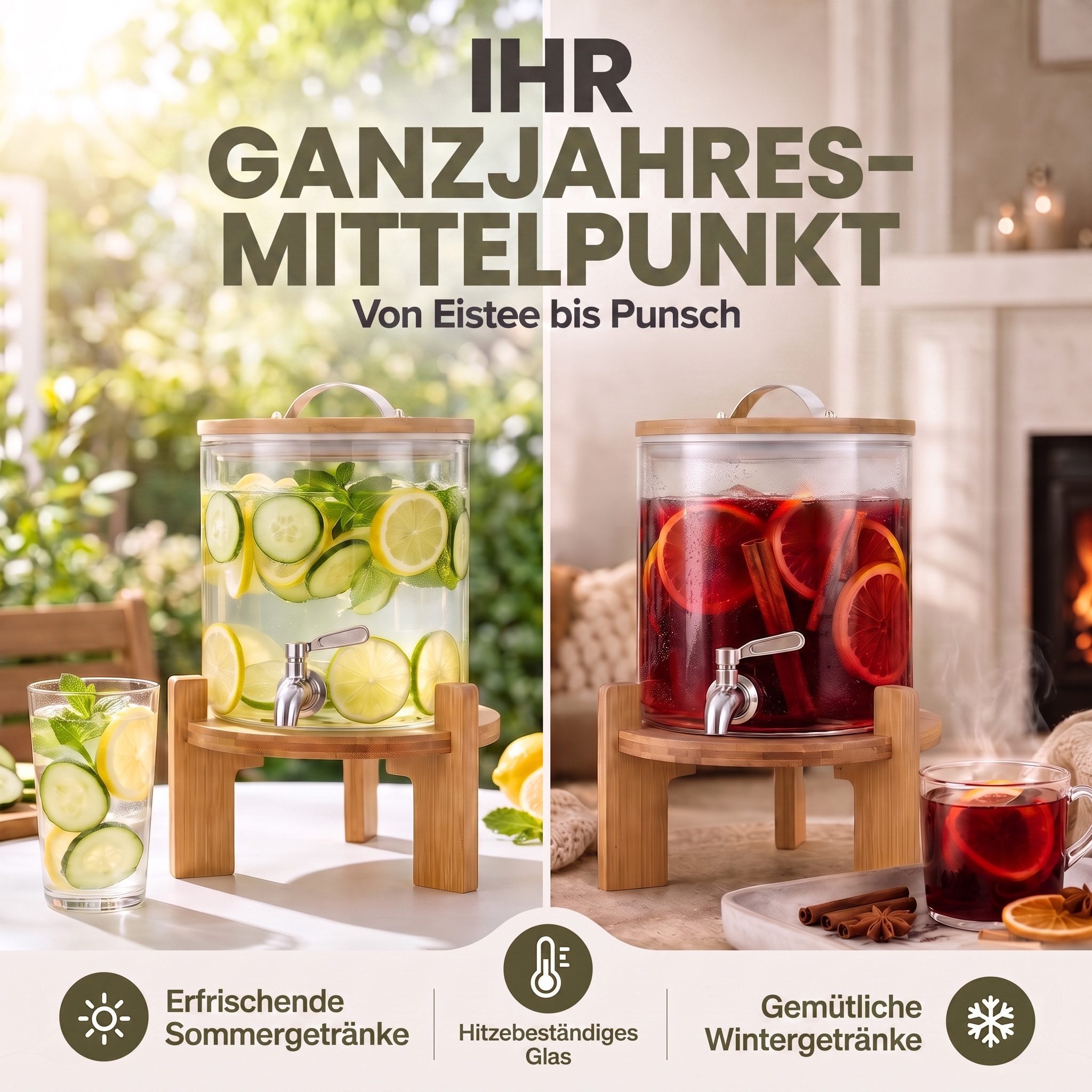 Dimono Getränkespender DIMONO getränkespender mit zapfhahn und Bambusständer 5L/8L, mit Bambusständer und Zapfhahn