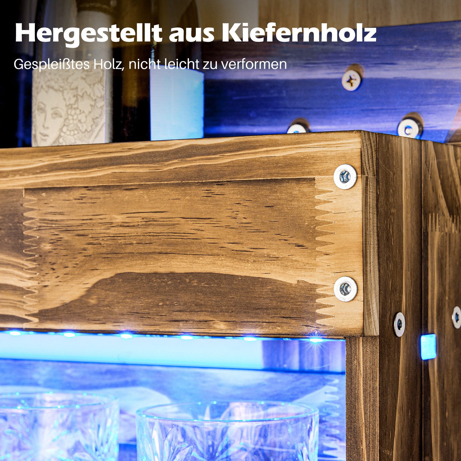 Yorbay Weinregal aus Holz, Wandbar mit 4 Getränkespender Wandmontage, Die linke Seite des Regals ist mit vier Getränkespendern