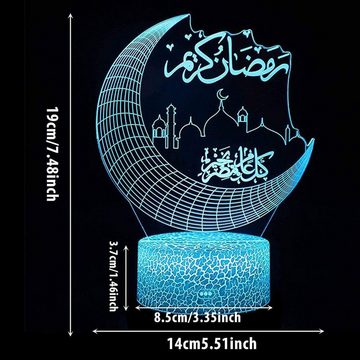 yozhiqu LED Dekolicht Eid Mubarak 3D Night Light - LED Ramadan Decorations, Remote Control, Lebendiger 3D-Effekt, Touch-Schalter und Fernbedienung, sieben Farben