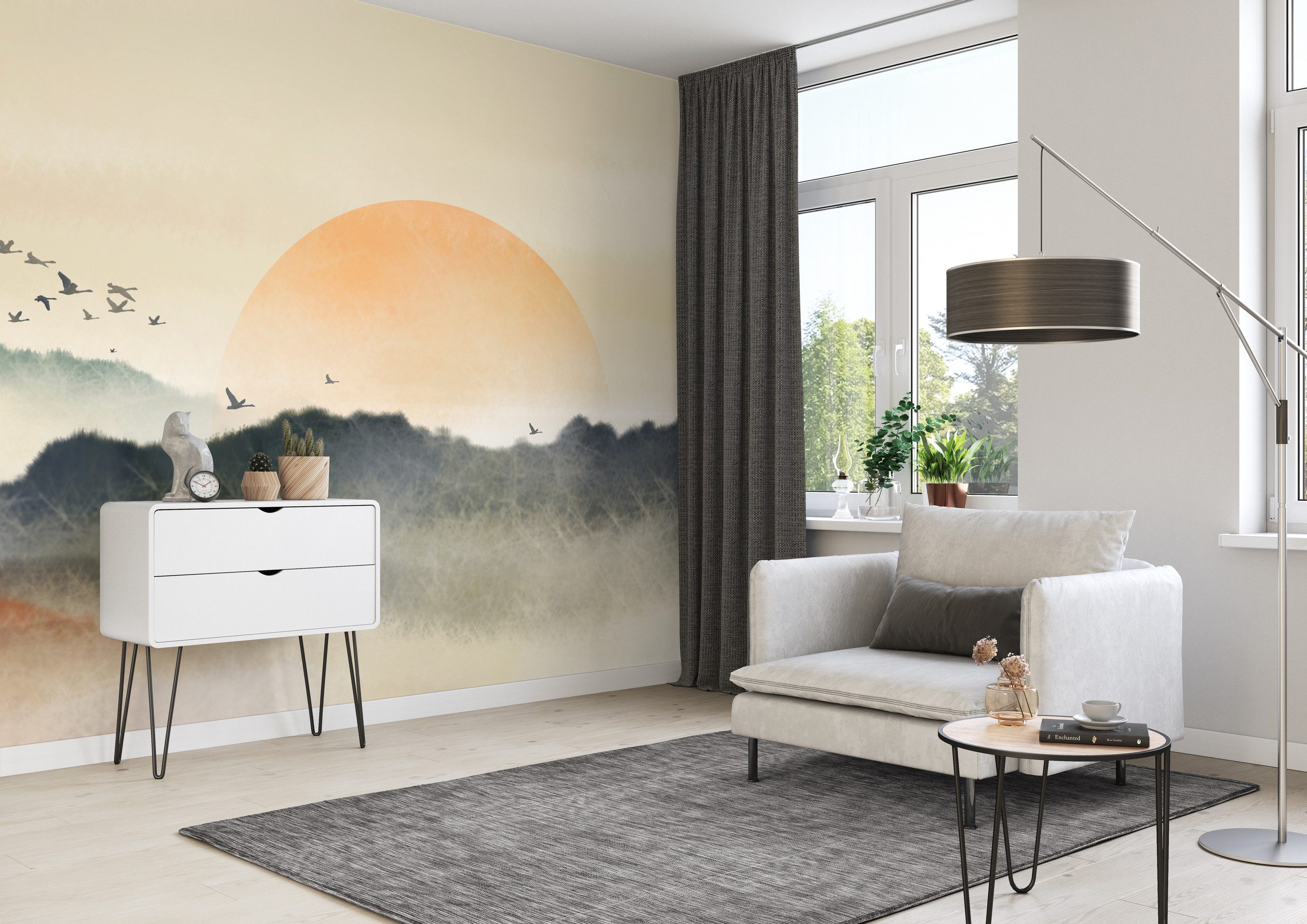 Rasch Fototapete Sonnenaufgang Berge mit Vögeln - Vliestapete Beige, bedruckt, (1 Rolle, 1 St., 2,65 m x 7,42 m), Lichtbeständige Farben - Feucht abwischbar - Restlost abziehbar