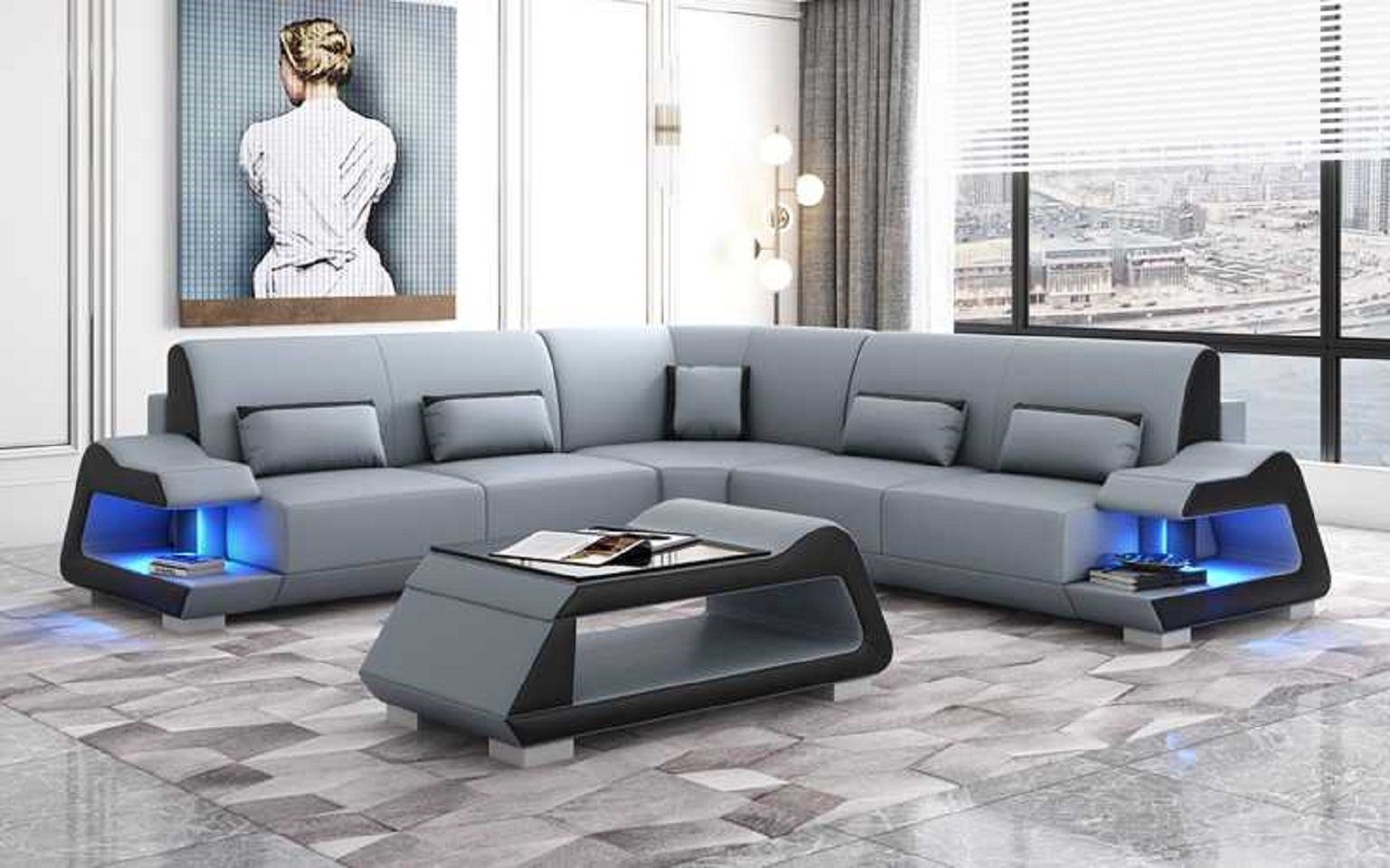 JVmoebel Ecksofa Luxus Ecksofa L Form Sofa Eckgarnitur Wohnzimmer Sofas, 3 Teile, Made in Europe Grau