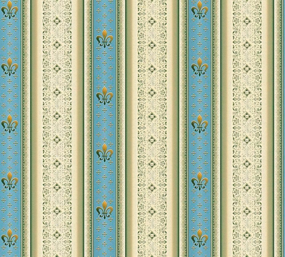 A.S. Création living walls Vliestapete Hermitage mit Ornamenten barock, glatt, gemustert, gestreift, glänzend, matt, ornamental, (1 St), Barocktapete Tapete Streifen blau/beige | Vliestapeten