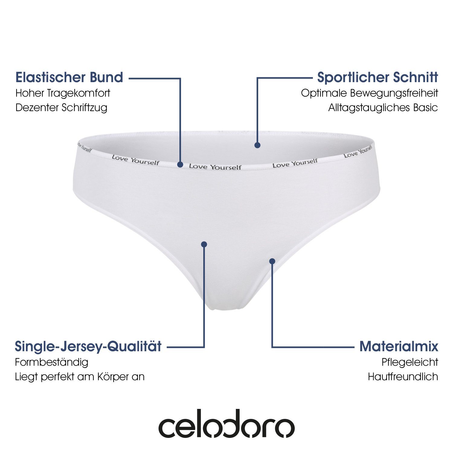 celodoro Tanga Damen Tanga (6er Pack) mit Ziergummi "Love Yourself"
