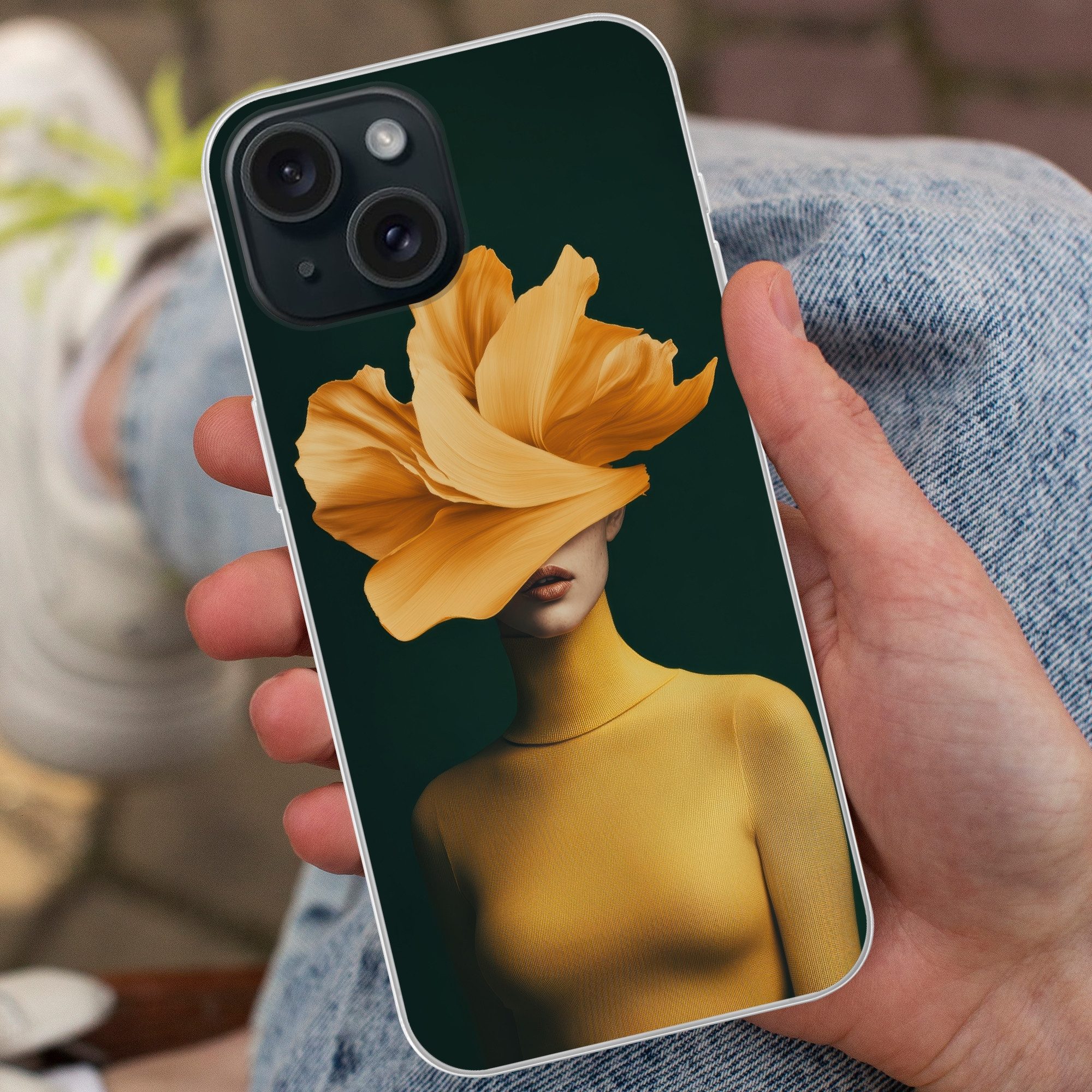 MuchoWow Handyhülle für Apple iPhone 15 Frau - Hut - Gelb, Smartphone-Bumper, Print, Handy Schutzhülle Dünn