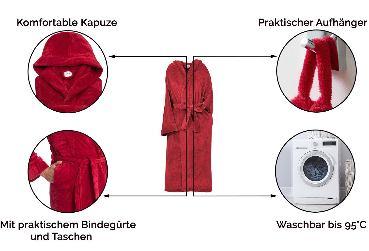 ZOLLNER Unisex-Bademantel, 100% Polyester, Kapuze, Gürtel, 100% Polyester, vom Hotelwäschespezalisten, S-XXL