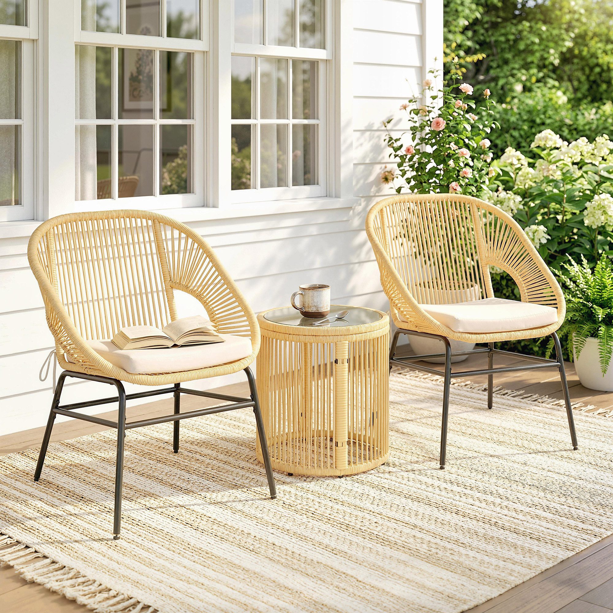 Outsunny Sitzgruppe Balkonmöbel-Set mit Gartenstühlen, waschbaren Kissen, Ergonomisch, (Gartenmöbel-Set, 3-tlg., Rattan Bistroset), für Garten, Terrasse, Beige