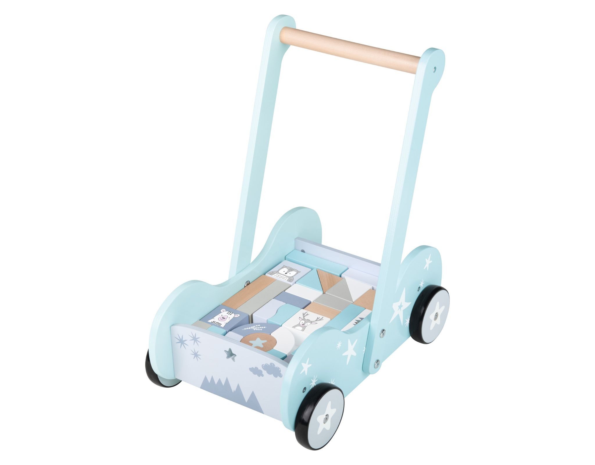 Playtive Puppenwagen PLAYTIVE® Holz-Schiebewagen Nordic blau 30 Holzbaustei günstig online kaufen