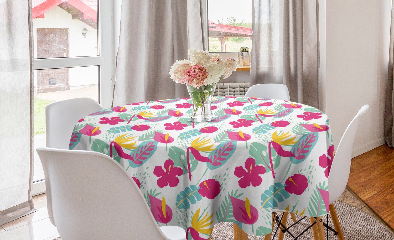 Abakuhaus Tischdecke Kreis Tischdecke Abdeckung Tropisch Dekoration, Blumen und Esszimmer für Küche Palmblätter