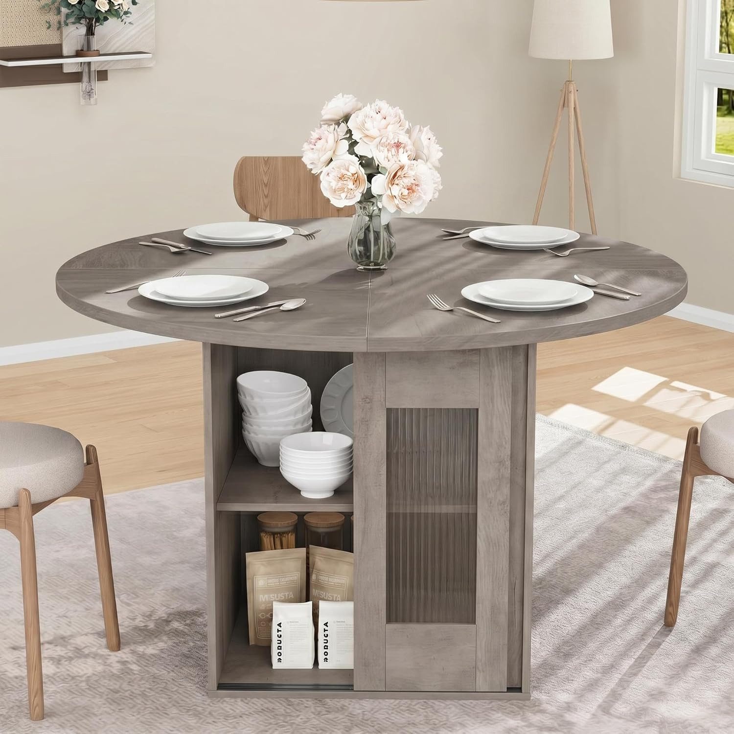 GarveeMore Esstisch Runder Küchentisch mit Stauraum Platz für 4–6 Personen Wohnzimmertisch (1-St), 2-stufiges Regal und Schiebetür für Esszimmer, Küche oder Wohnzimmer