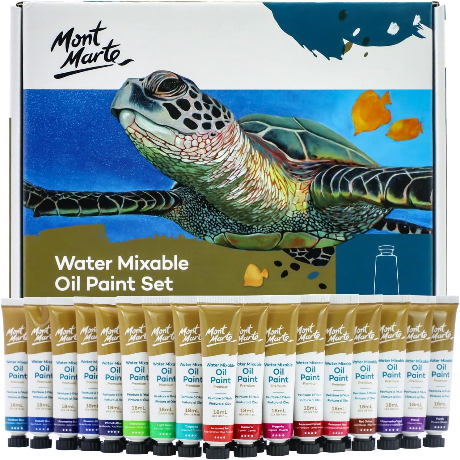 Mont Marte Ölfarbe Wasserlösliche Ölfarben Set – 8 / 36 x 18ml – Ideal für Ölmalerei, vielseitig kombinierbar, Brillante Lichtechte Farben, großer Deckkraft