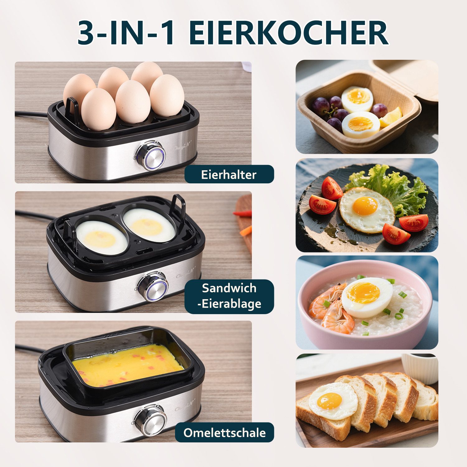 CkeyiN Eierkocher für 6 Eier mit Härtegradeinstellung, Timer, Überhitzungsschutz, Anzahl Eier: 6 St., 210 W, mit Messbecher und Eierspieß, für Frühstückseier von weich bis hart