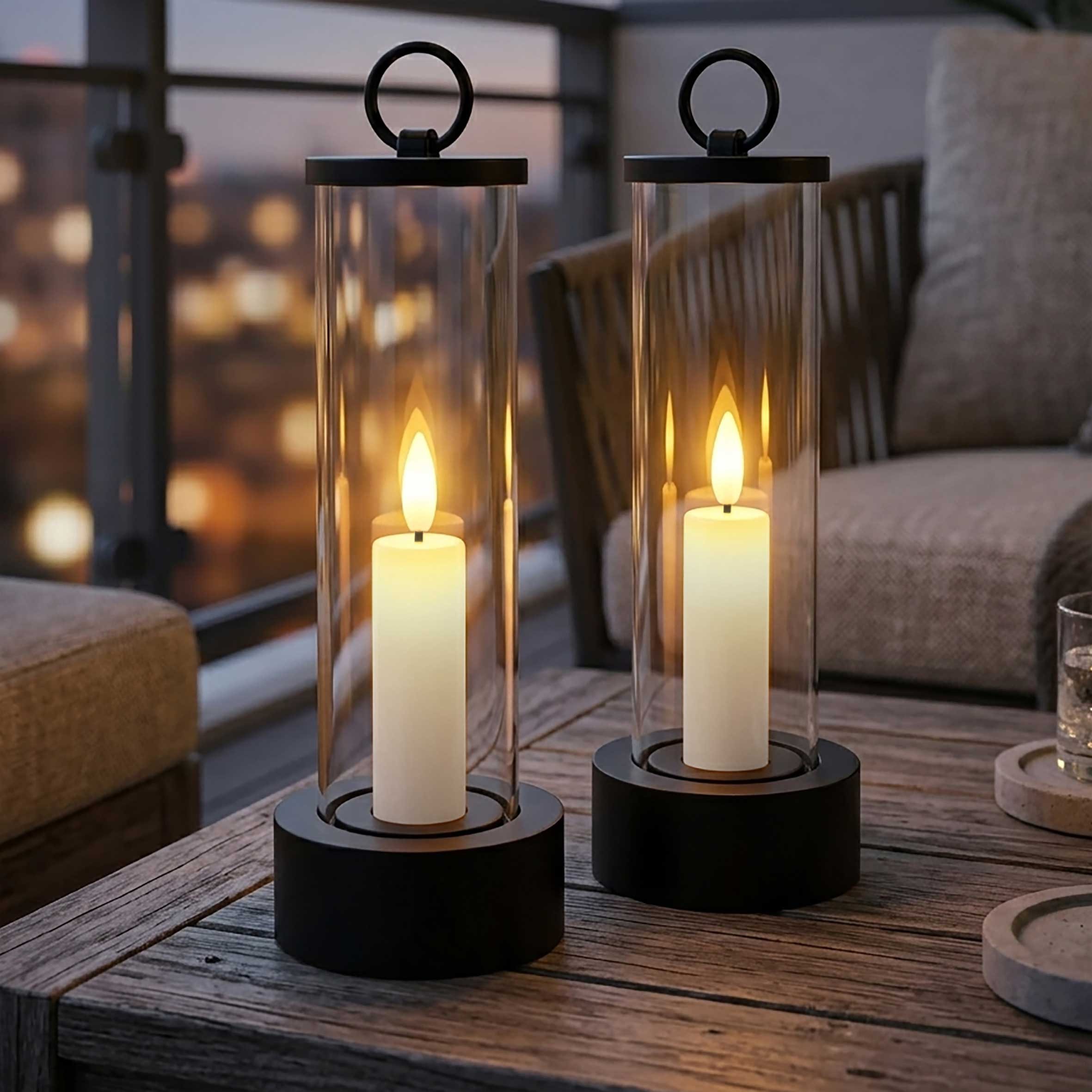 Spetebo LED-Kerze Outdoor Kerze im Glas mit Flammen Effekt und Timer (Set, 2-tlg.,1 Stück), Tischkerze im Windlicht 20 x 7 cm für Außen