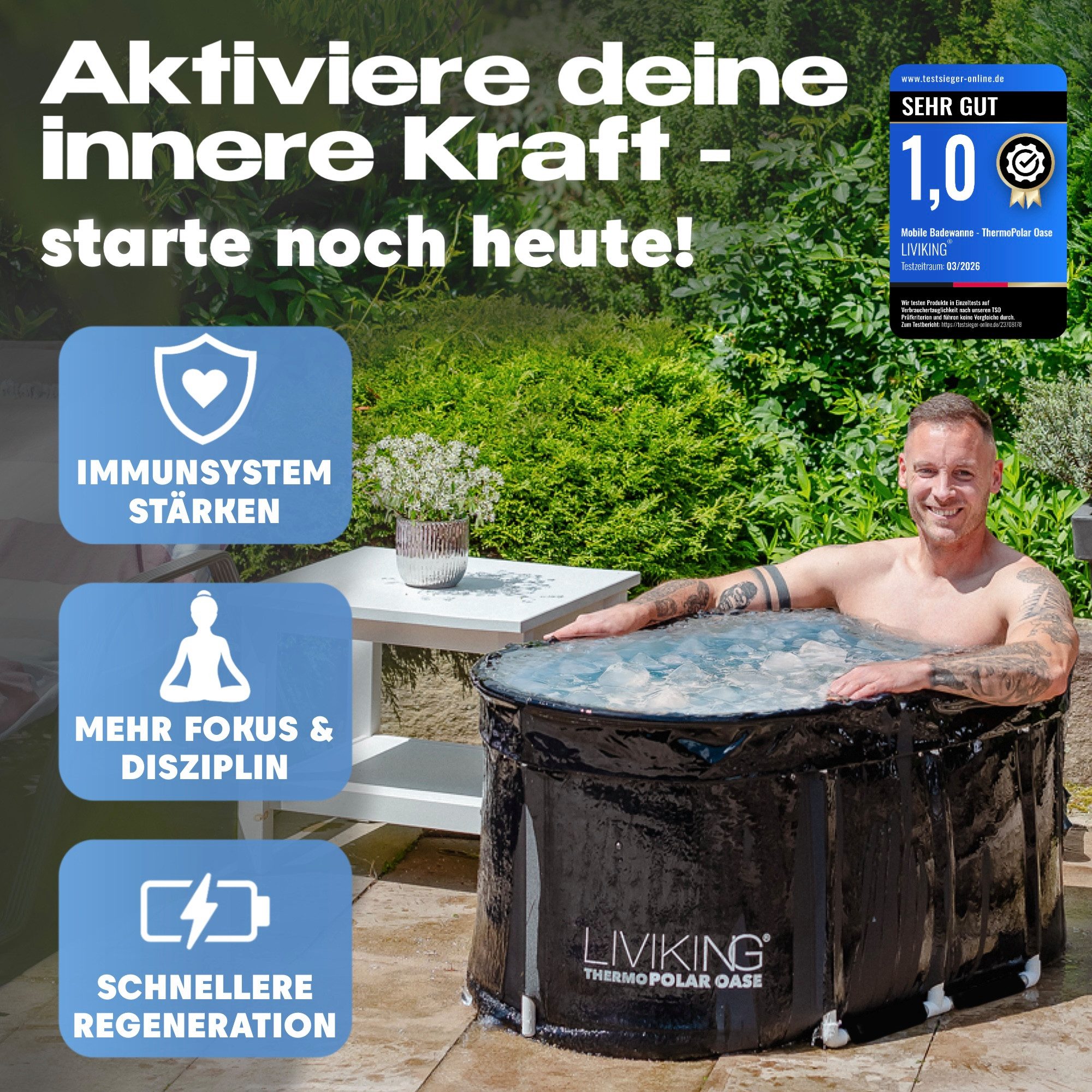 LIVIKING® Badewanne faltbar & Eisbad - 120cm KOMFORT - mobile Outdoor Badewanne Erwachsene, (KOMPLETTSET ThermoPolar Oase - ovale Sport Eistonne), ThermoPolar Isolierung, SolidShape Rahmen, Balkon Mini Pool Eisfass