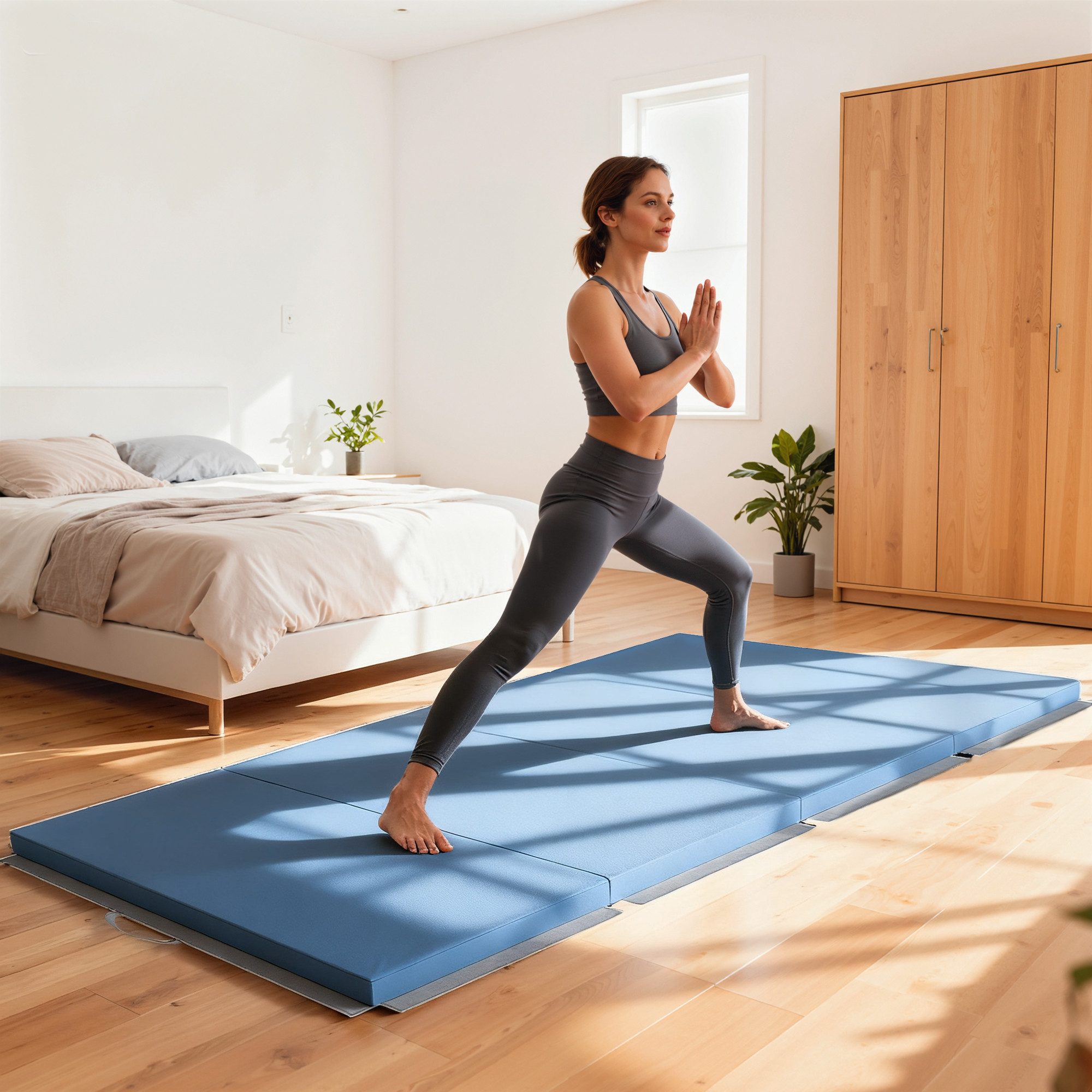 HOMCOM Gymnastikmatte Sportmatte, mit Griffen, Gymnastik Tumbling Matte, Synthetikbezug (Faltbare Fitnessmatte, 1-St., Trainingsmatte), für Yoga, MMA, Fitness, Pilates, Hellblau, 240 x 120 x 5 cm