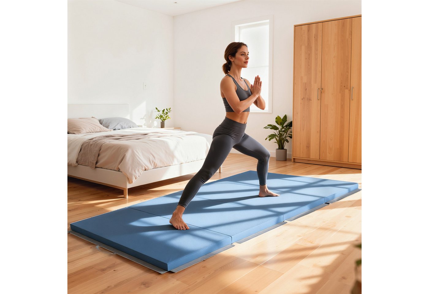 HOMCOM Gymnastikmatte Sportmatte, mit Griffen, Gymnastik Tumbling Matte, Synthetikbezug (Faltbare Fitnessmatte, 1-St., Trainingsmatte), für Yoga, MMA, Fitness, Pilates, Hellblau, 240 x 120 x 5 cm