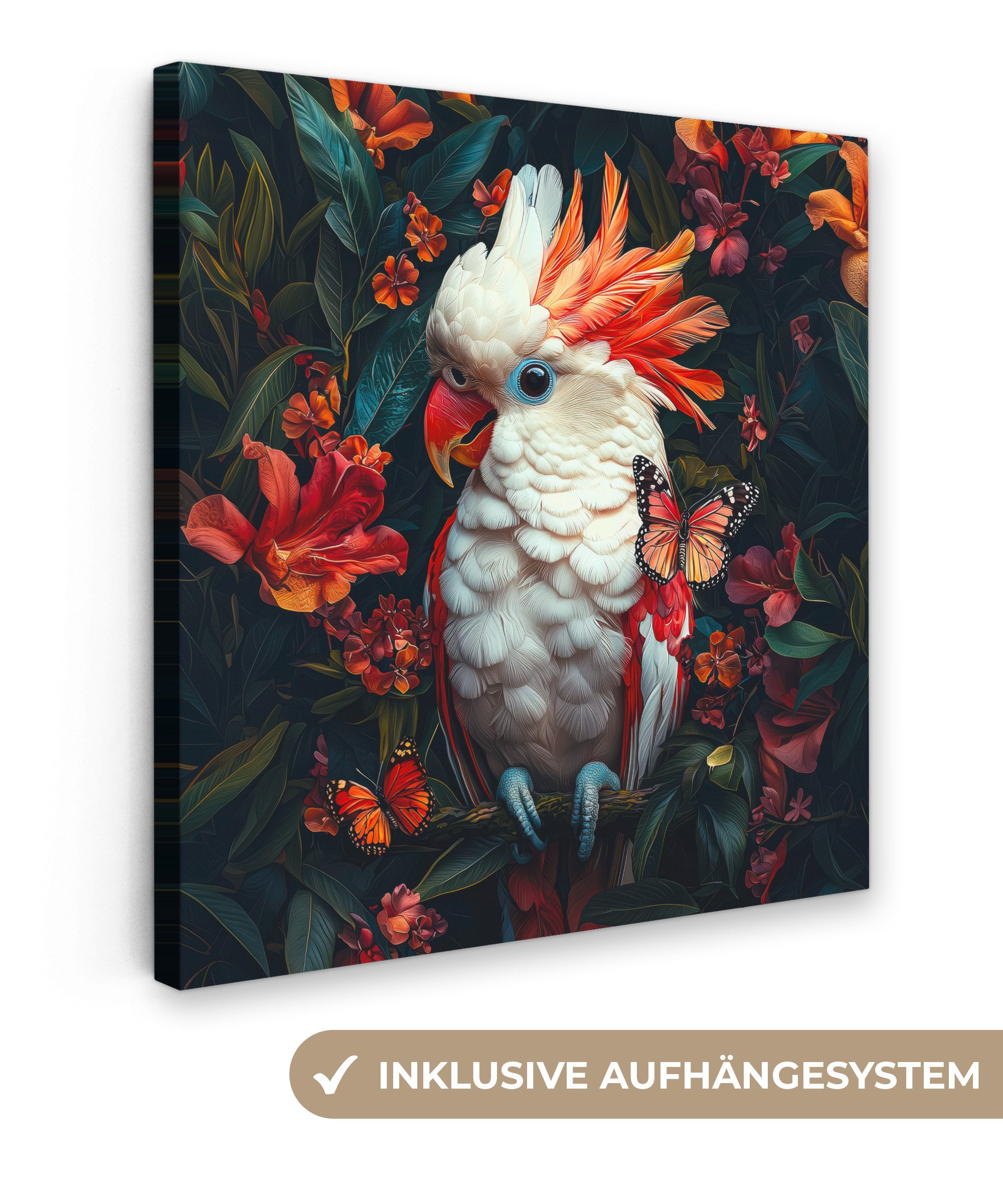 OneMillionCanvasses® Leinwandbild Kakadu - Schmetterlinge - Blumen - Federn - Tier, Fotodruck (1 St), Wandbild, Deko Schlafzimmer Wohnzimmer Flur 20x20 cm