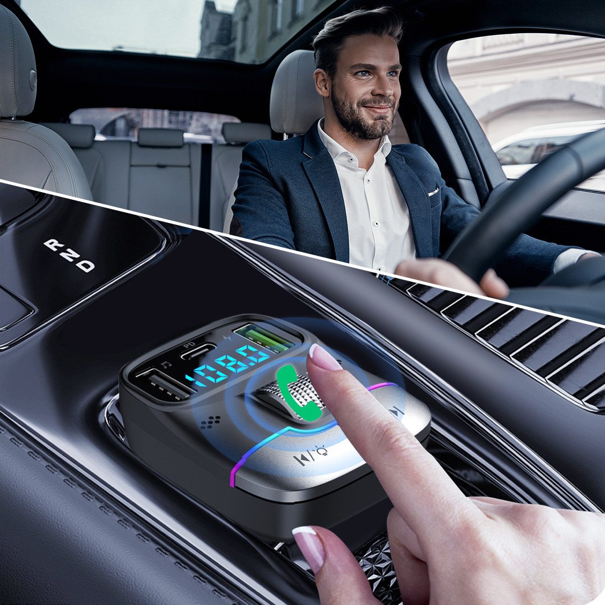 VSIUO FM Transmitter, Auto Adapter KFZ-Transmitter Bluetooth 5.0 zu USB-C, 3-in-1 MP3 Player mit 3 USB Anschlüsse, Freisprechfunktion