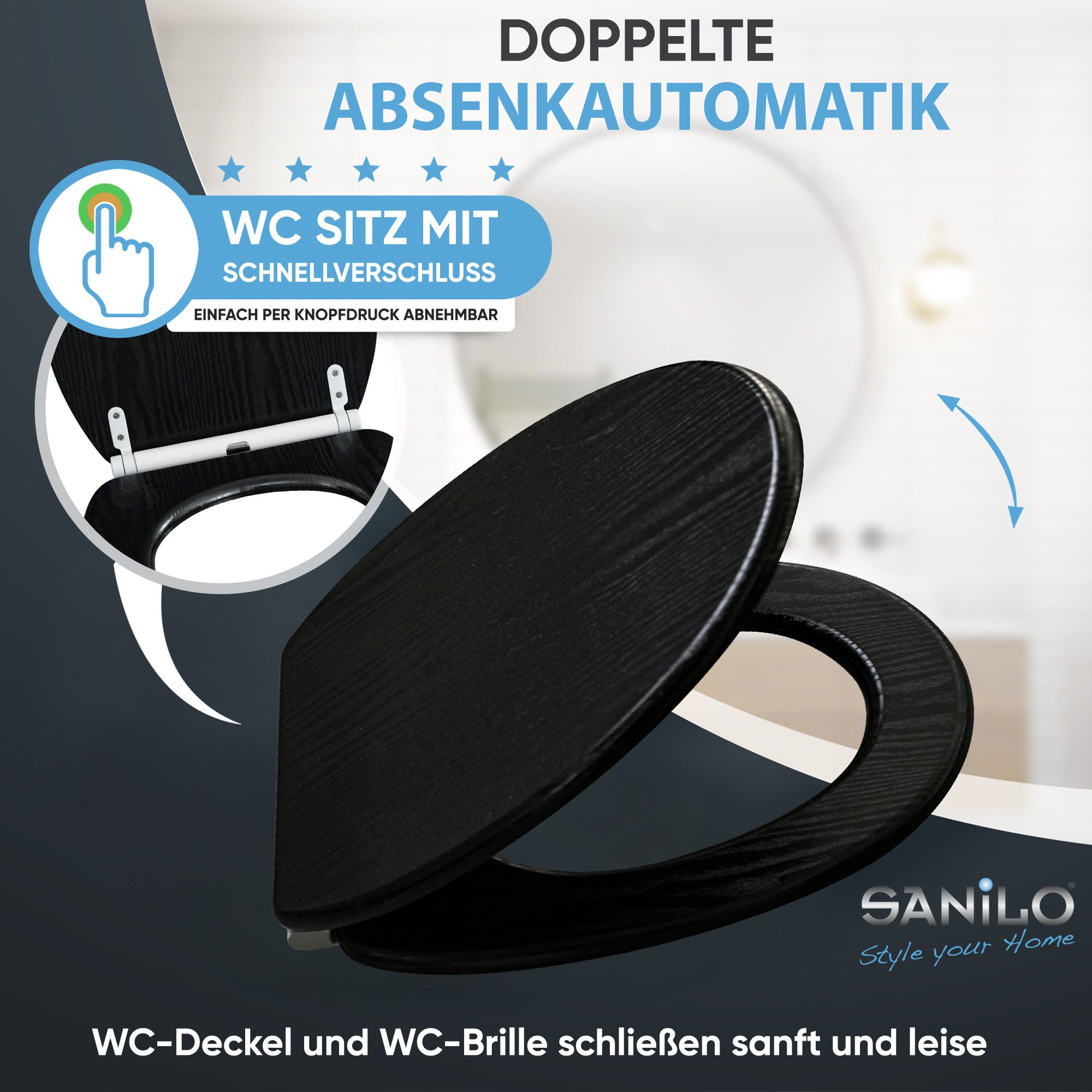 Sanilo WC-Sitz Black Wood mit Absenkautomatik & Quick Release, Premium Toilettendeckel, abnehmbar, leichte Montage von oben