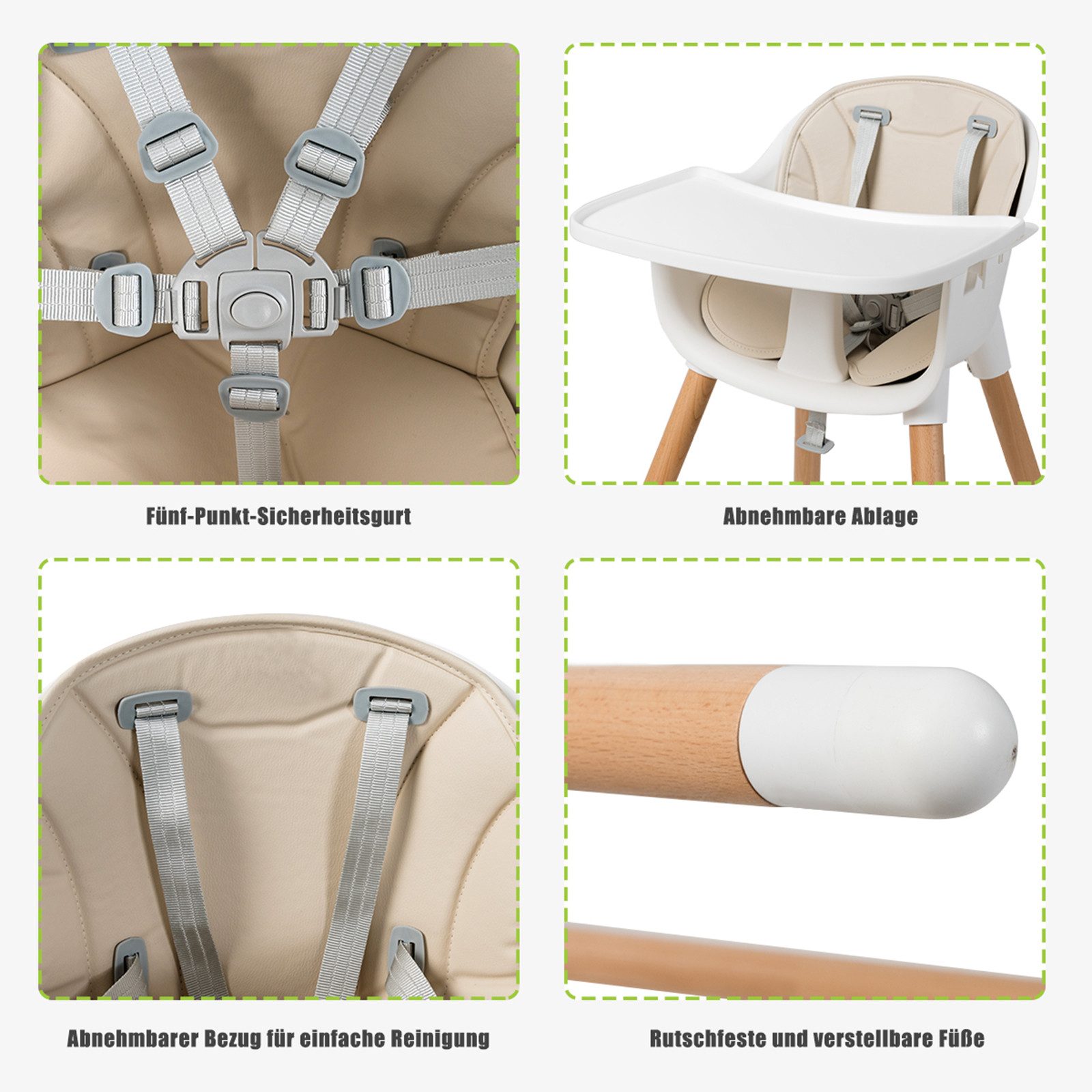 COSTWAY Hochstuhl 2 in 1 Babystuhl, aus Holz, höhenverstellbar, einstellbar