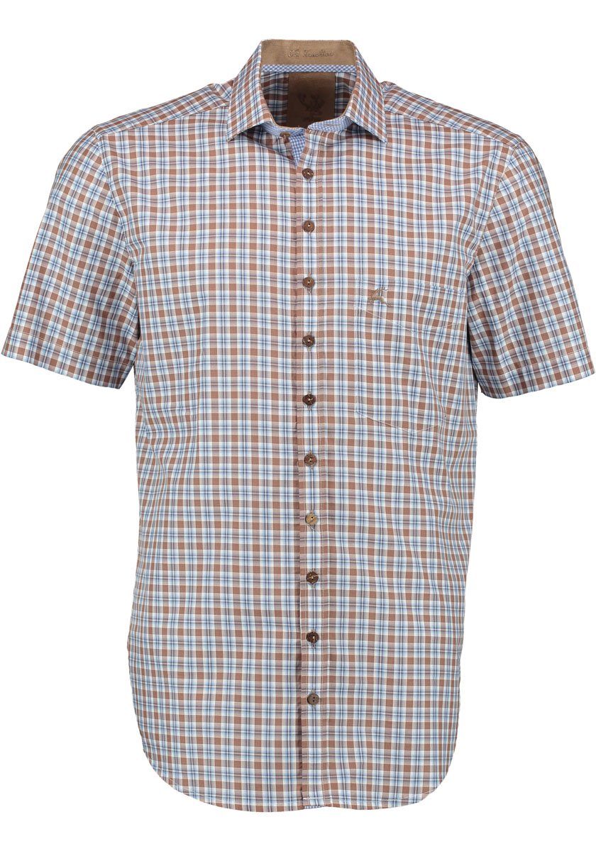 OS-Trachten Trachtenhemd Azecu Kurzarmhemd mit Hirsch-Stickerei auf der Brusttasche mittelbeige | Trachtenhemden