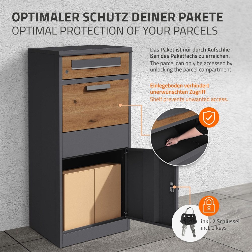 ML-DESIGN Paketbriefkasten Standbriefkasten aus verzinktem Stahl abshließbar 2 Schlüssel, Paketkasten Anthrazit-Eiche Optik Paketbox für Briefe Warensendungen