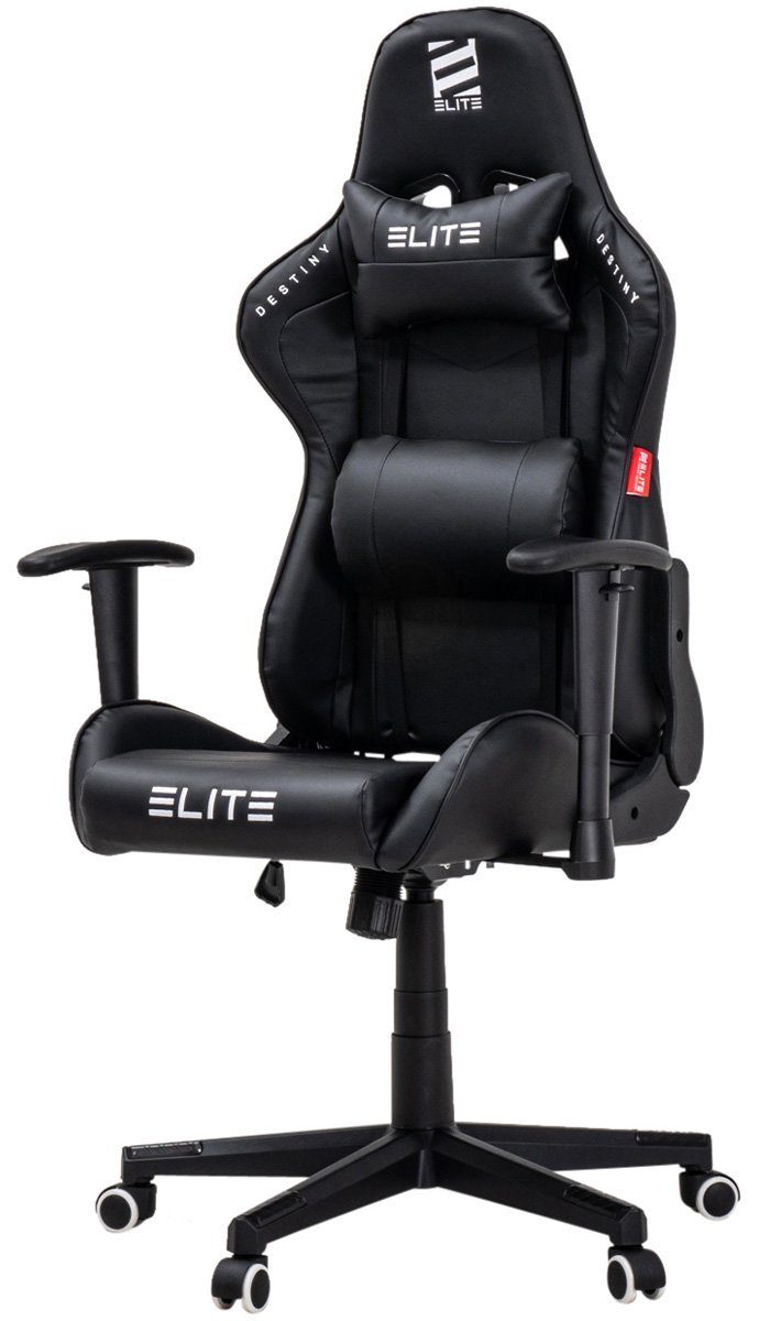 ELITE Gaming Gaming-Stuhl Ergonomischer Bürostuhl Destiny inkl. Rücken- & Nackenkissen (Drehstuhl mit 2D-Armstützen, verriegelbare Wippmechanik, mechanische Härtegradeinstellung, verstellbare Sitzhöhe, 90° klappbare Rückenlehne, Sicherheits-Doppelrollen, 5-Stern Fußkreuz, 360 Grad horizontal drehbar, PVC Memory-Schaum, Sicherheitsgasdruckfeder, Hohe Belastbarkeit bis 150 kg, Chefsessel, Drehsessel, Racing Chair, Gaming Chair, Computerstuhl, Racingstuhl, Pflegeleicht, hochwertige Verarbeitung, Computer Stuhl mit Racing-Design, 1 St), Zockerstuhl - Home Office - Gaming Stuhl - bis 170 kg Schwarz