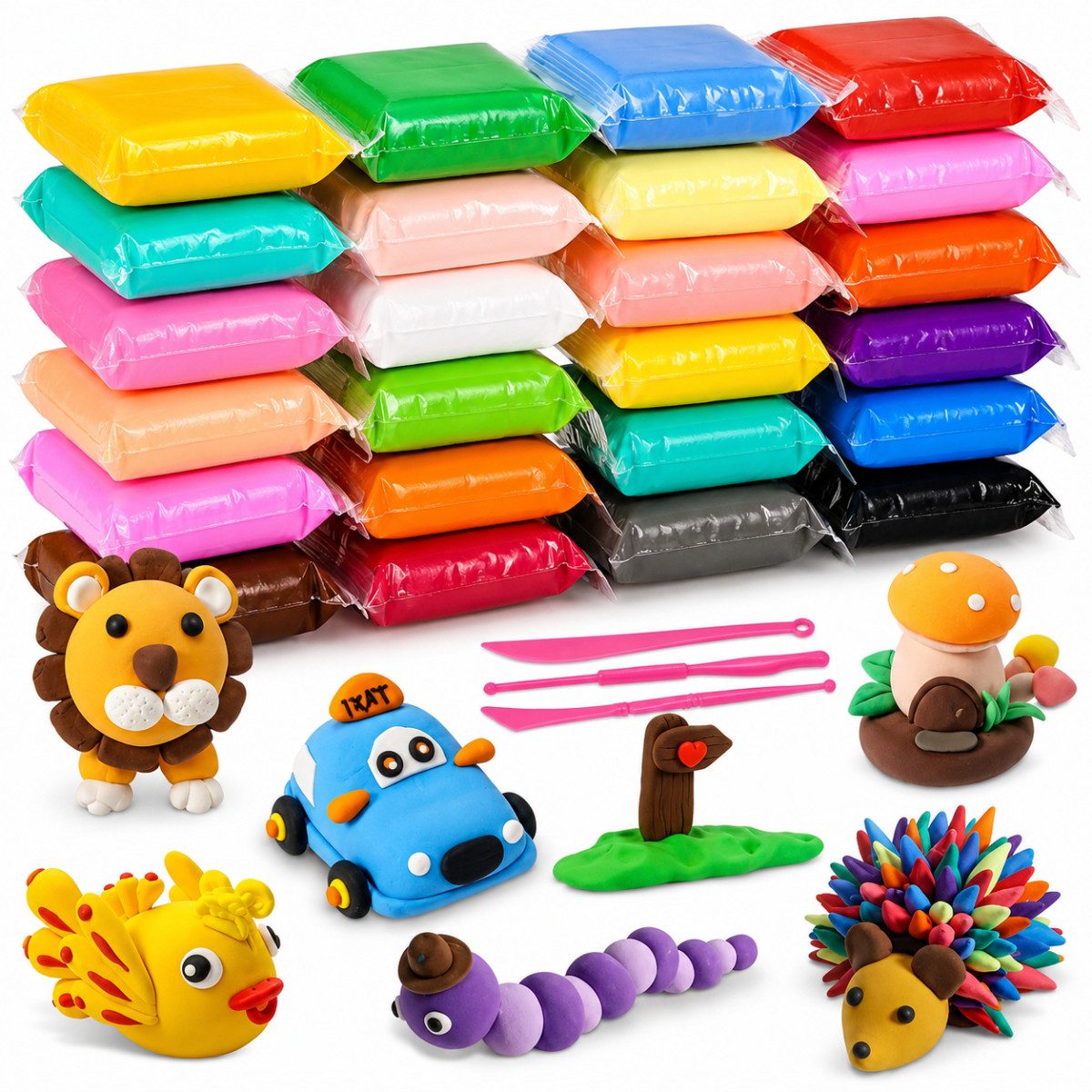 R2 Invest Modelliermasse Set Kinder 24 Tütchen Bunte Knete zum Formen und Basteln (24-tlg)