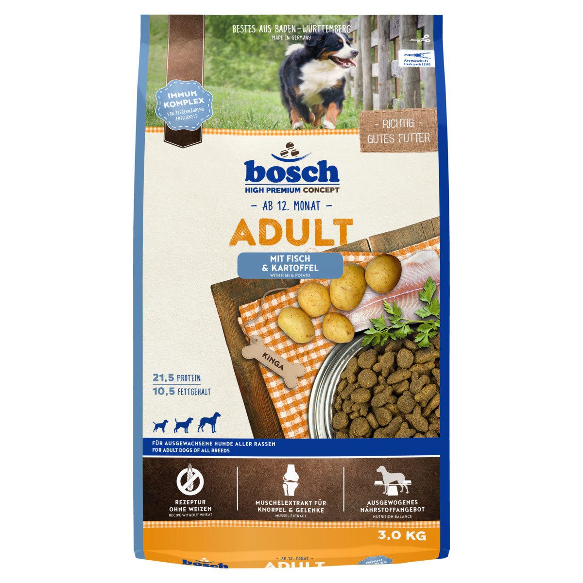 Bosch Petfood Adult mit Fisch & Kartoffel 3 kg, Trockenfutter für: Hund