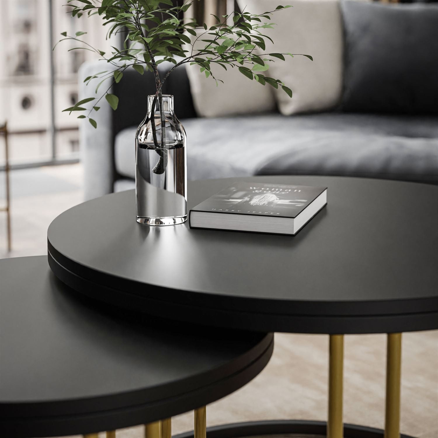 Lookway Couchtisch LORI 2in1 MIX II mit schwarzer matt Platte (2er Set), Durchmesser: ⌀70 cm und ⌀50 cm