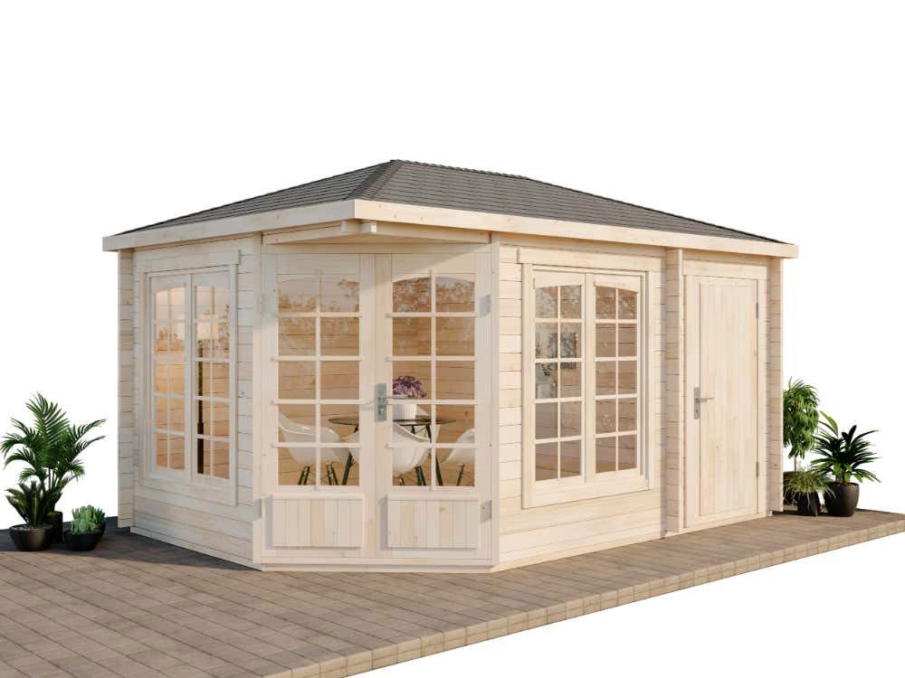 Alpholz Gartenhaus Holz 5-Eck Josephine-40 mit Anbau, BxT: 470x325 cm, in Naturbelassen mit 40mm Wandstärke