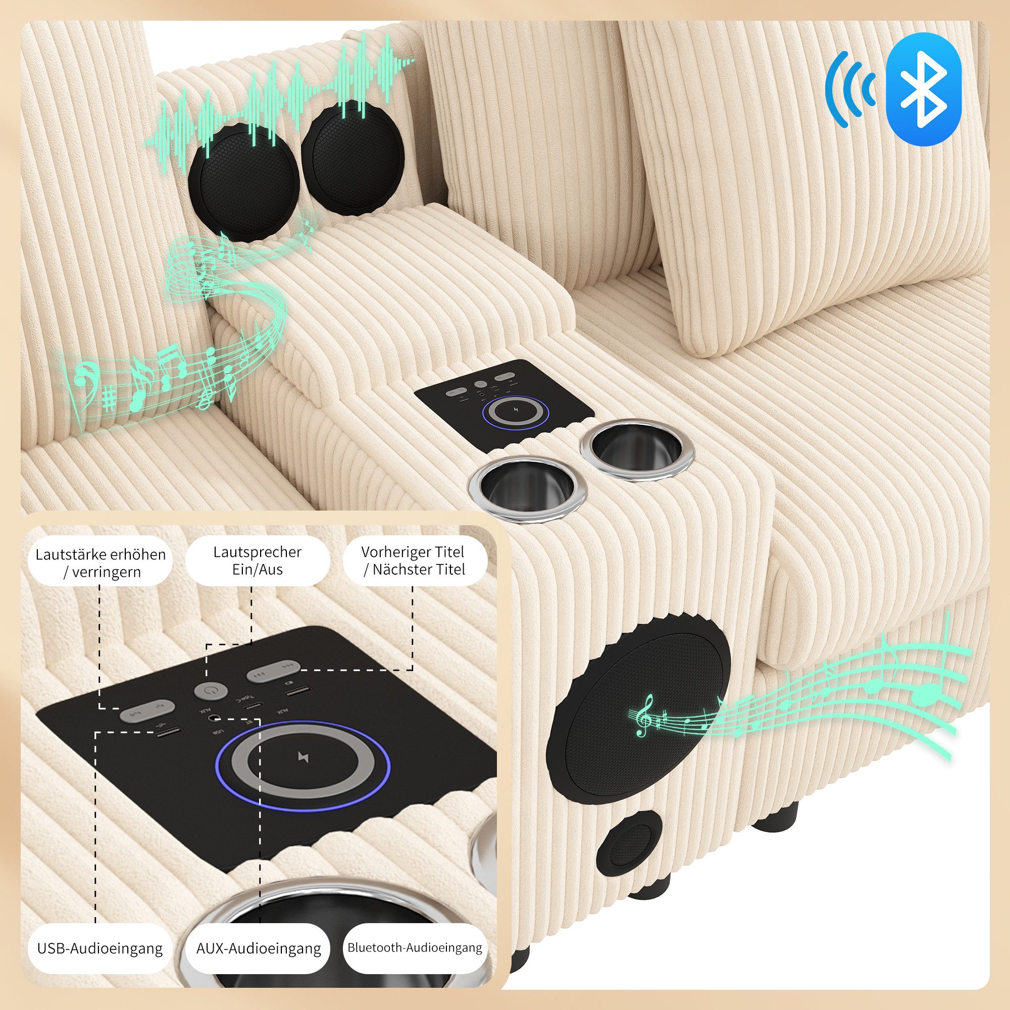 REDOM Wohnlandschaft Inklusive Konsole mit Bluetooth & USB, Wireless Charging, Stauraum & Getränkehalter 1 Teile, Geräumiges Sofa 315,5x144x84,5 cm in Beige