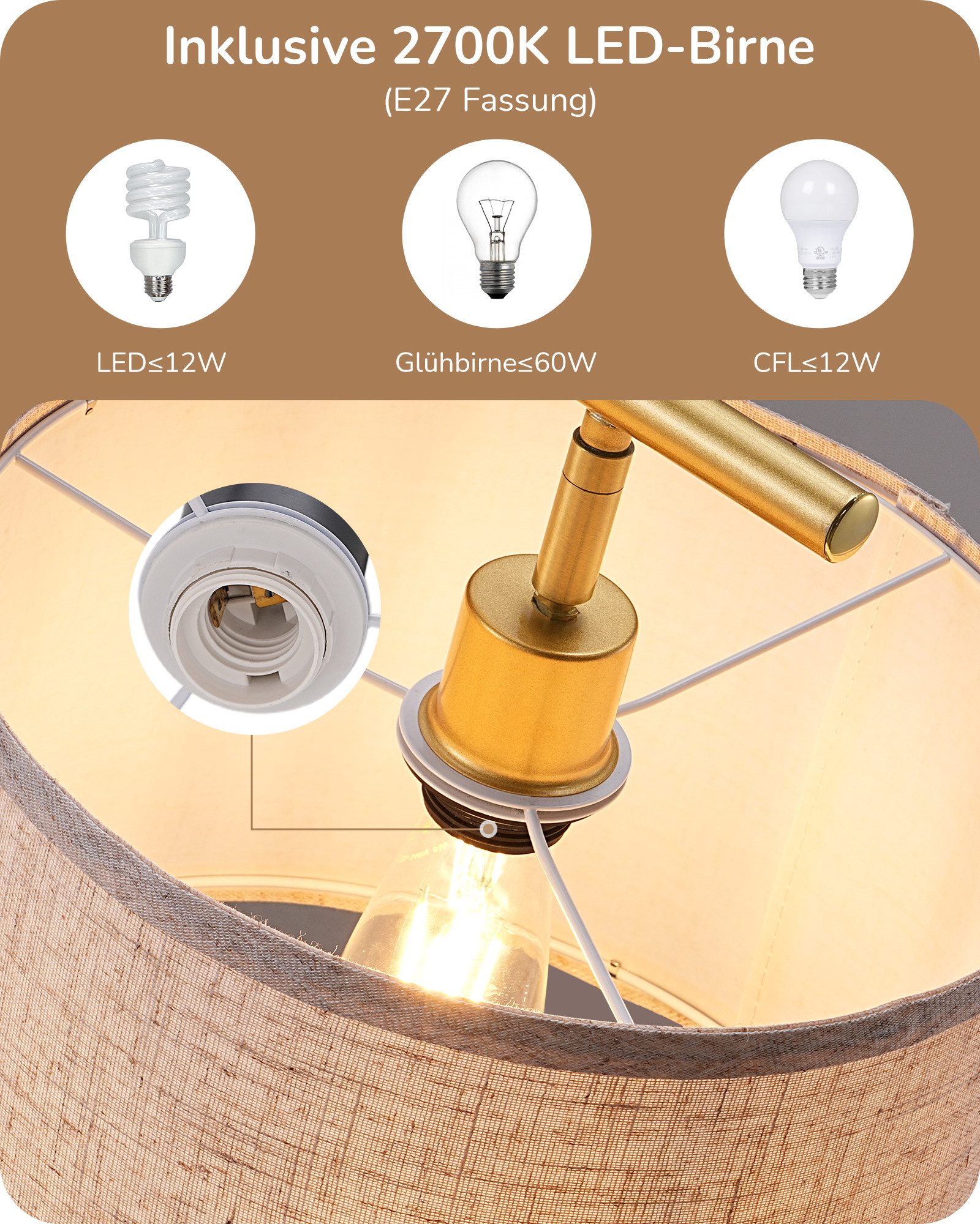 EDISHINE Stehlampe Wohnzimmer 160cm, Lampenschirm verstellbar, LED wechselbar, warmweiß, mit Lampenschirm aus Leinen