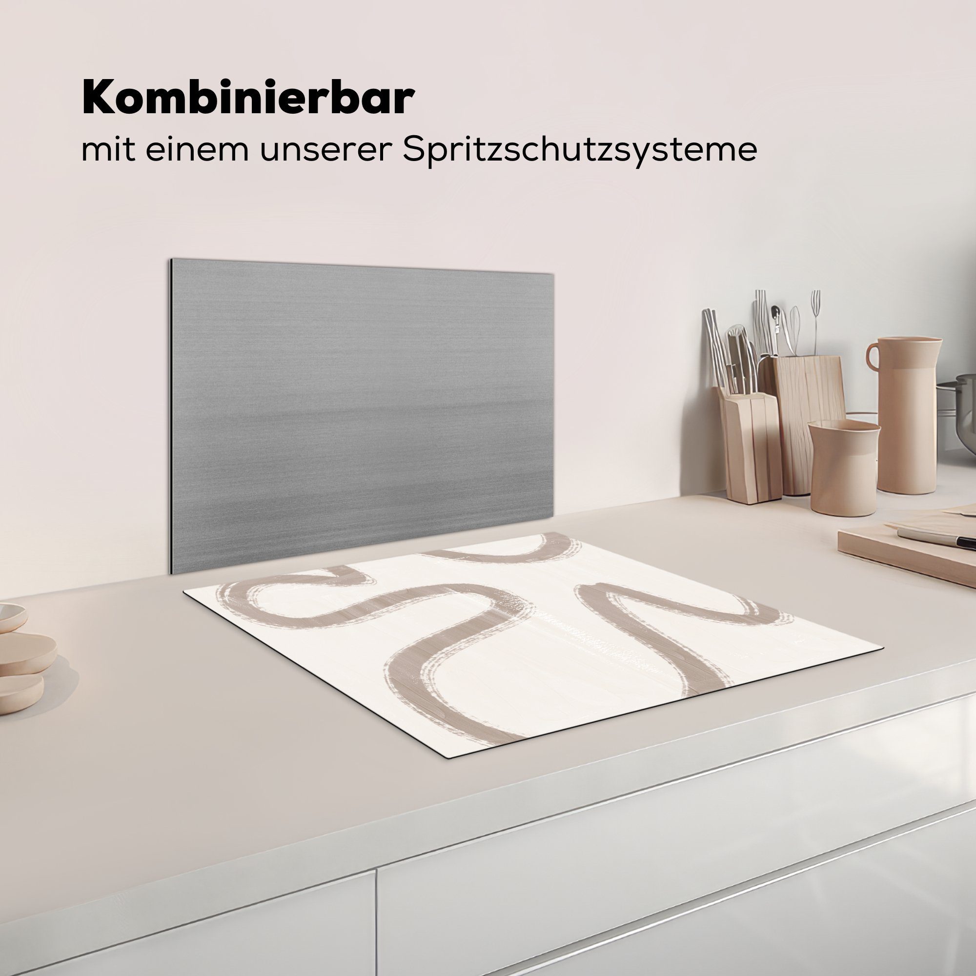 Vinyl, nutzbar, Mobile - Ceranfeldabdeckung Herdblende-/Abdeckplatte Kunst Arbeitsfläche cm, Beige MuchoWow Moderne - tlg), (1 Abstrakt, 60x52