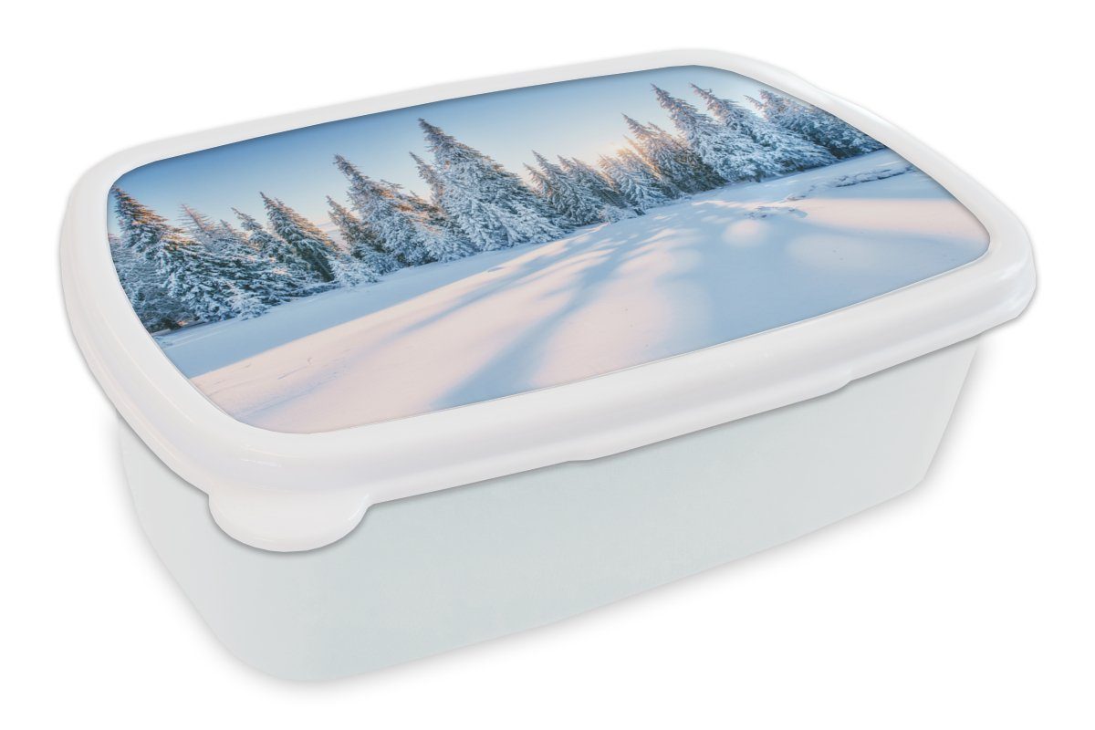 MuchoWow Lunchbox Wald - Schnee - Winter, Kunststoff, (2-tlg), Brotbox für Kinder und Erwachsene, Brotdose, für Jungs und Mädchen weiß
