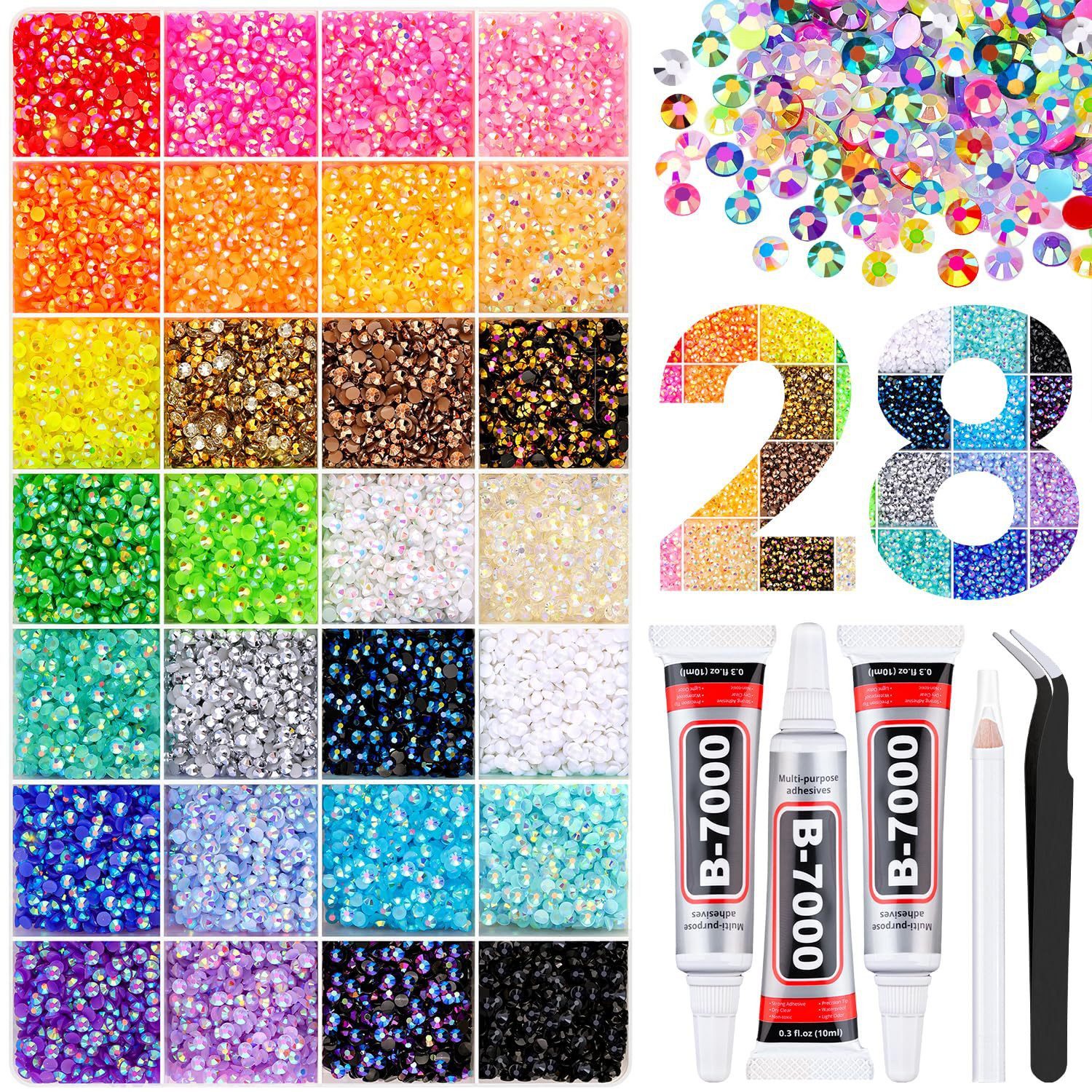Zaewry Kreativset Jelly Strasssteine,Kit with Glue and Pen,Glitzersteine Bedazzling Kit, (28-tlg), für Nailart Gesichtsbemalung Kostüme und Andere DIY-Kreatione