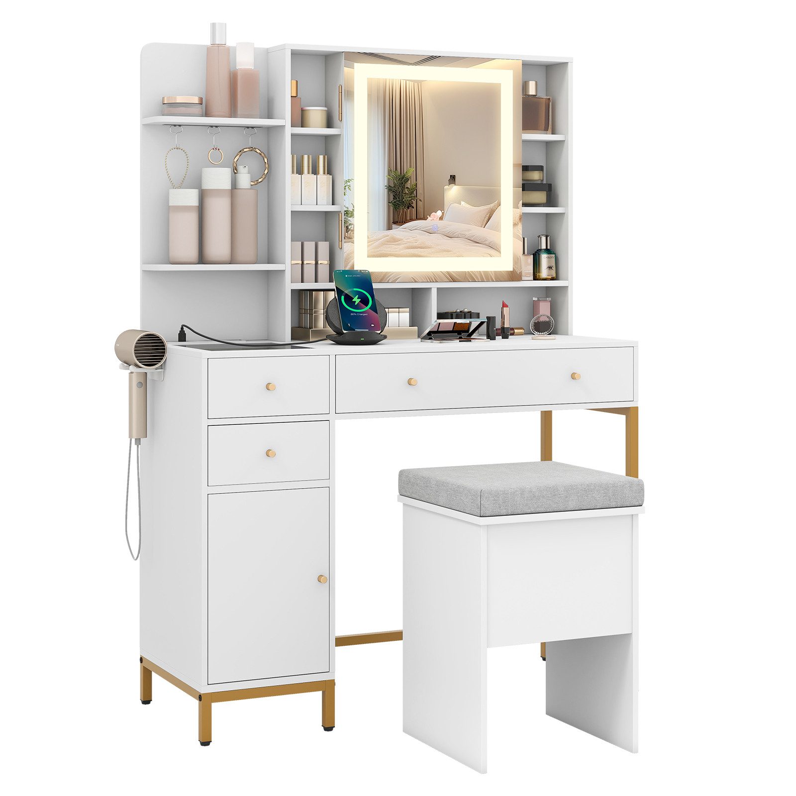 COSTWAY Schminktisch (1-St), Frisiertisch, mit LED Spiegel, Hocker, Ladestation
