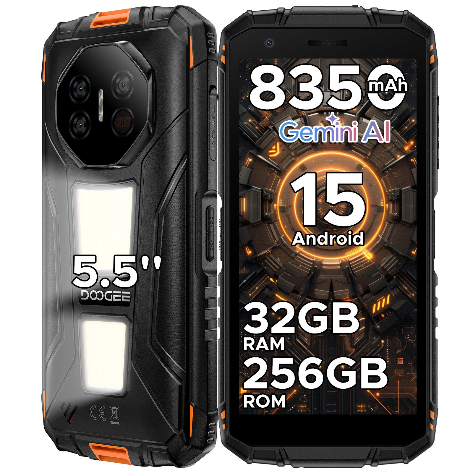 DOOGEE Fire3 Max Outdoor Handy mit Doppel-Campinglicht Ohne Vertrag Smartphone (14 cm/5.5 Zoll, 256 GB Speicherplatz, 48 MP Kamera, 5,5 Zoll, 48MP+20MP Kamera, 8GB+268GB/2TB-8350mAh, IP68 Wasserdicht)