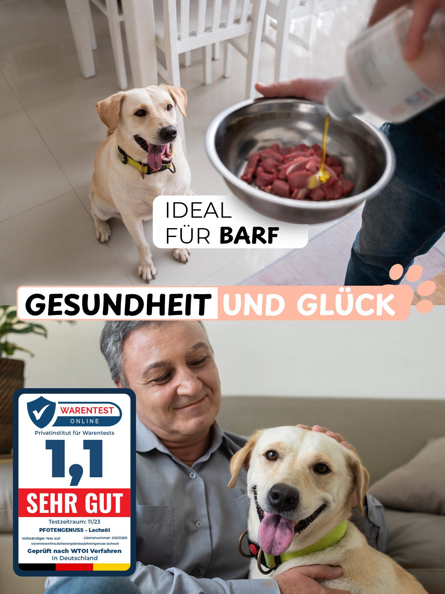 Pfotengenuss Fellpflege Hunde Lachsöl natürliche Omega 3, 6 & 9 abgefüllt in Deutschland, 250 ml, (hochwertige Zutaten für nötige Energie im aktiven Alltag, reich an Omega-Säuren, optimale Barf-Ergänzung), natürliches, hochdosiertes Lachs-Öl Barf-Öl für Haustiere