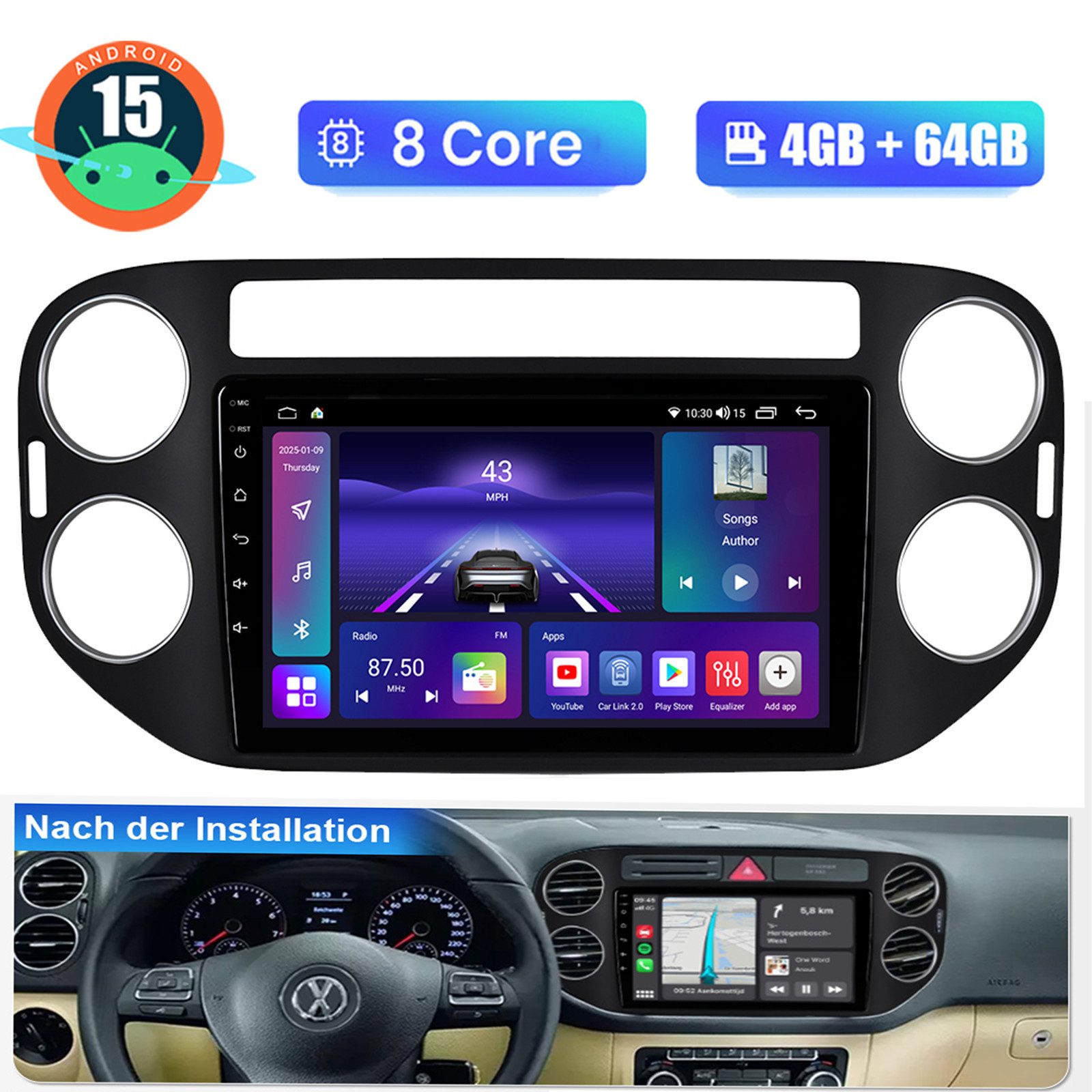 A-Sure 8-Core Android 15 Carplay Navi 4+64GB Für VW Tiguan 5N GOLF Plus Autoradio (RDS, DSP, Digitalradio (DAB), 8 Core, FM, AM, 1280*720)