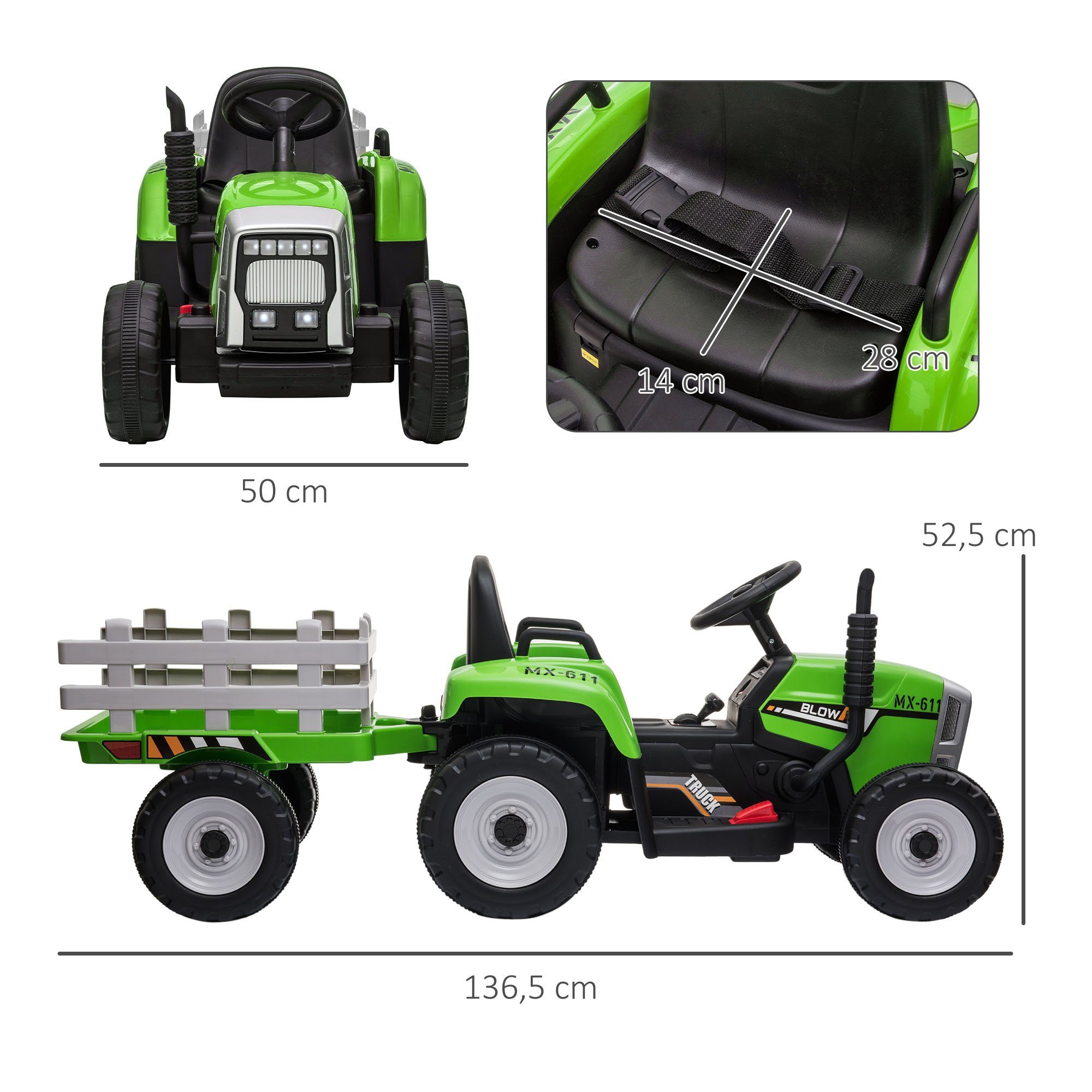 HOMCOM Elektro-Kinderauto Elektrischer Traktor, mit Anhänger, mit Fernbedienung, Belastbarkeit 30 kg, (2-tlg), für 3-6 Jahre Kinder, Grün