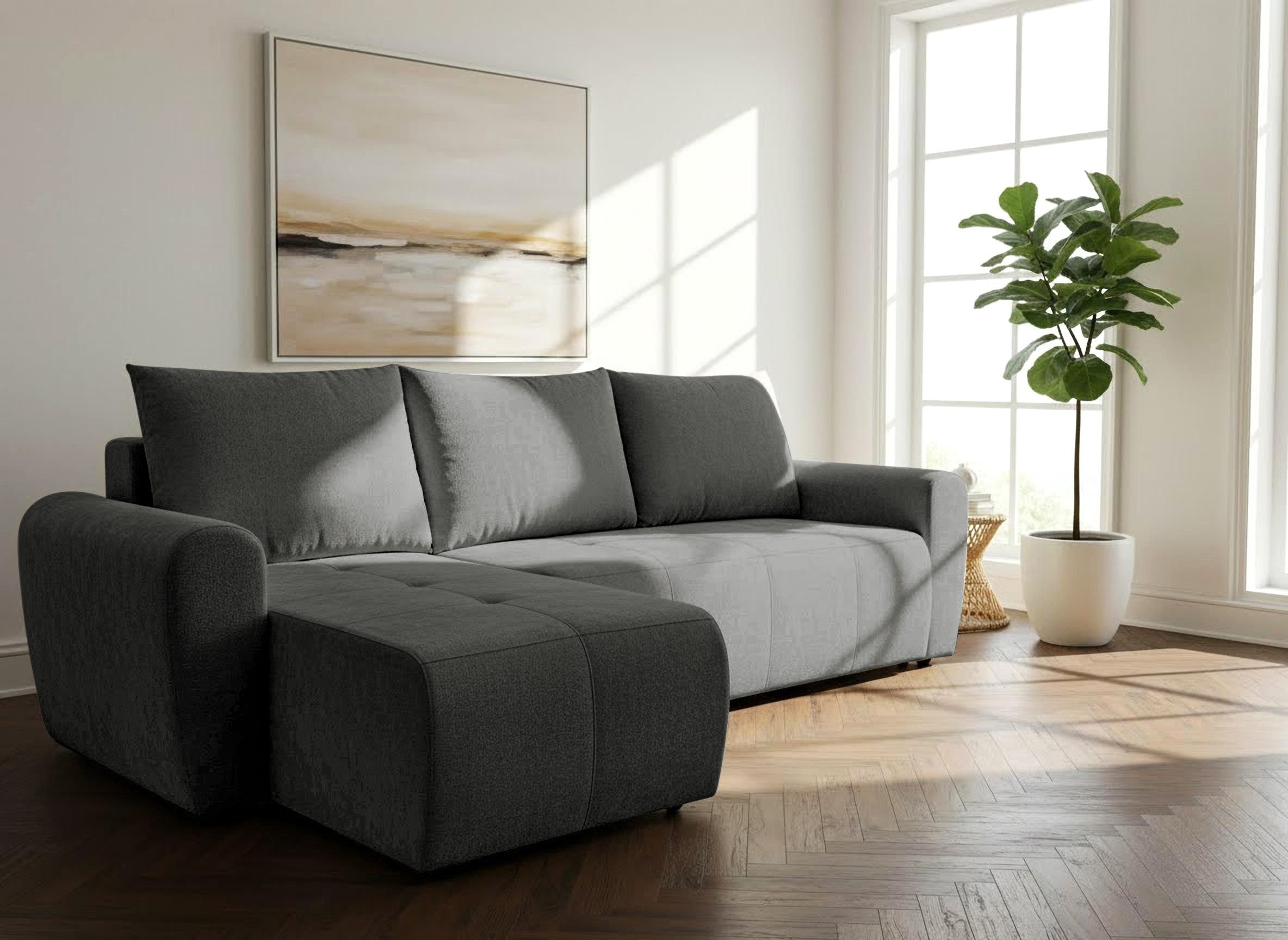 Home affaire Ecksofa Nortrud-Chester, 241 cm, L-Form, mit Schlaffunktion u. Bettkasten, Recamiere rechts / links montierbar, Steppung, Feinstruktur-Bezug