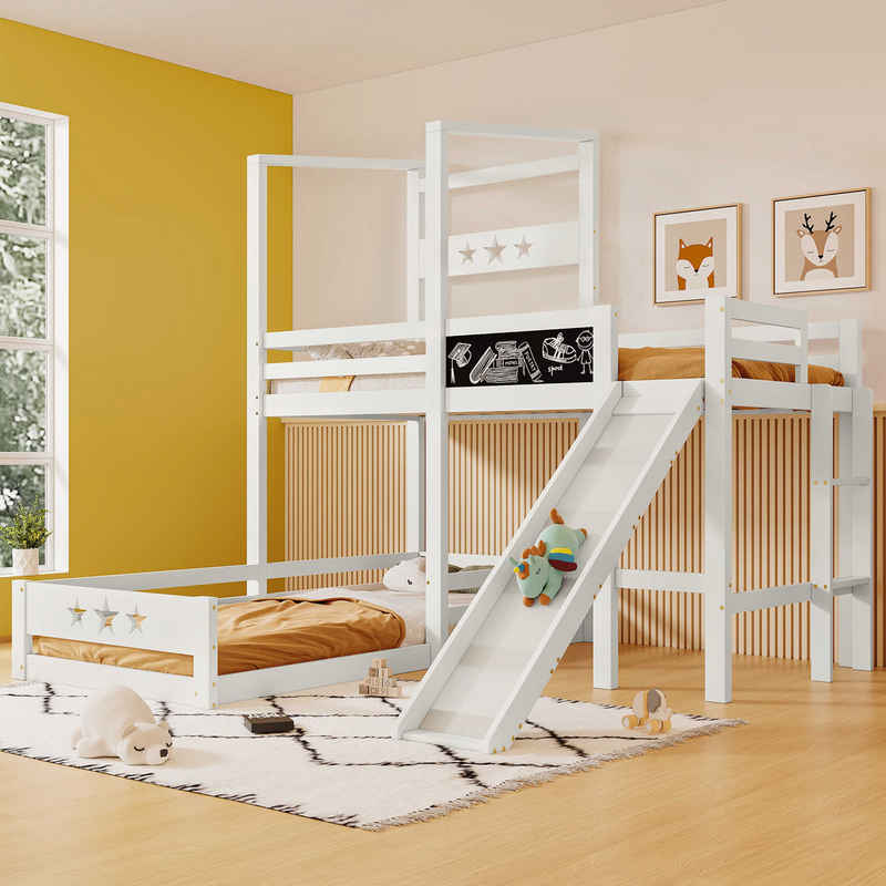 BlingBin Etagenbett Kinderbett (1-St., Holzbett für Kinder 2x Lattenrost mit Rausfallschutz), mit Tafel und Rutsche, 90x200 cm