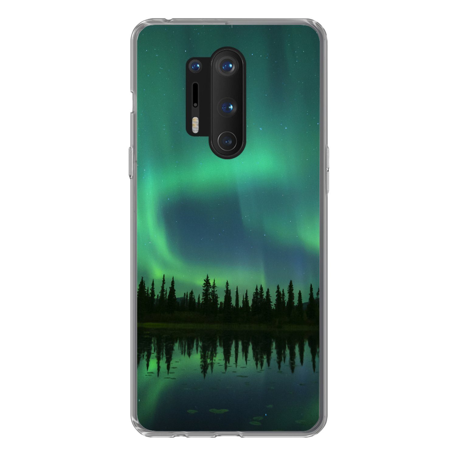 MuchoWow Handyhülle für OnePlus 8 Pro Nordlicht - Bäume - Wasser - Alaska, Phone Case, Silikon, Schutzhülle Dünn