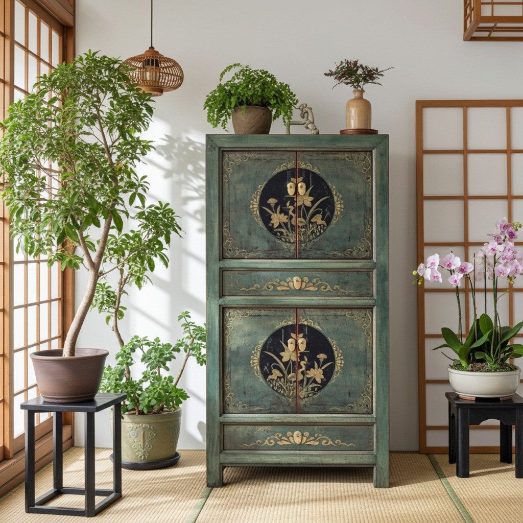 OPIUM OUTLET Kleiderschrank Chinesischer Hochzeitsschrank orientalischer Schrank Vintage Möbel (komplett montiert, asia asiatisch chinesisch orientalisch) Breite 80 cm; Höhe 154 cm; Tiefe 42 cm